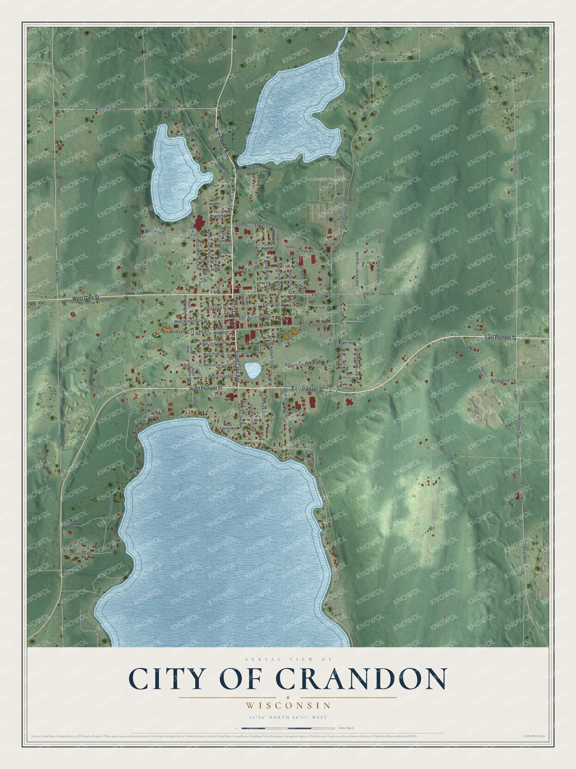 Full map of Crandon, Wisconsin, with red buildings, printed street names and the land around them