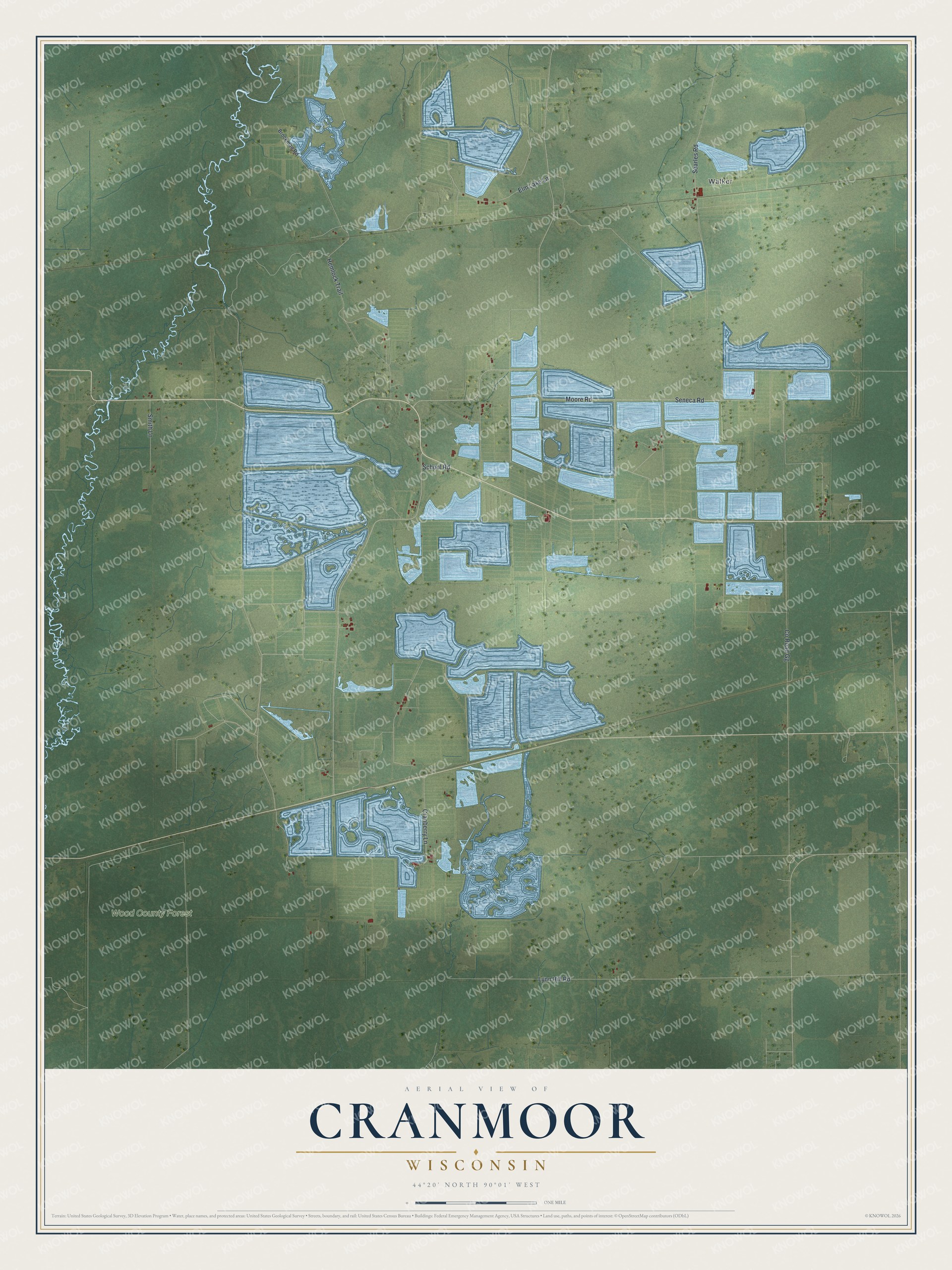 Full map of Cranmoor, Wisconsin, with red buildings, printed street names and the land around them