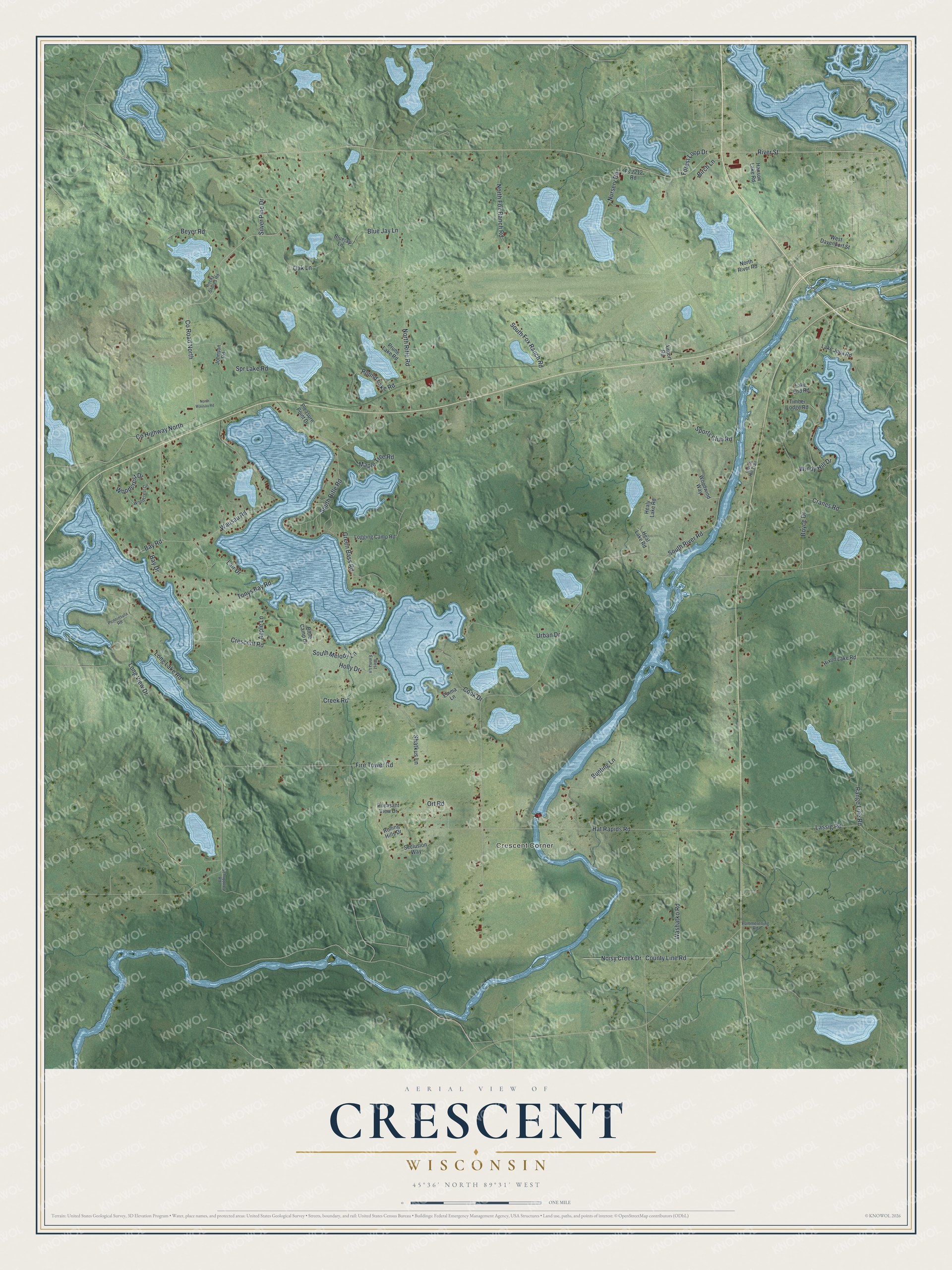 Full map of Crescent, Wisconsin, with red buildings, printed street names and the land around them