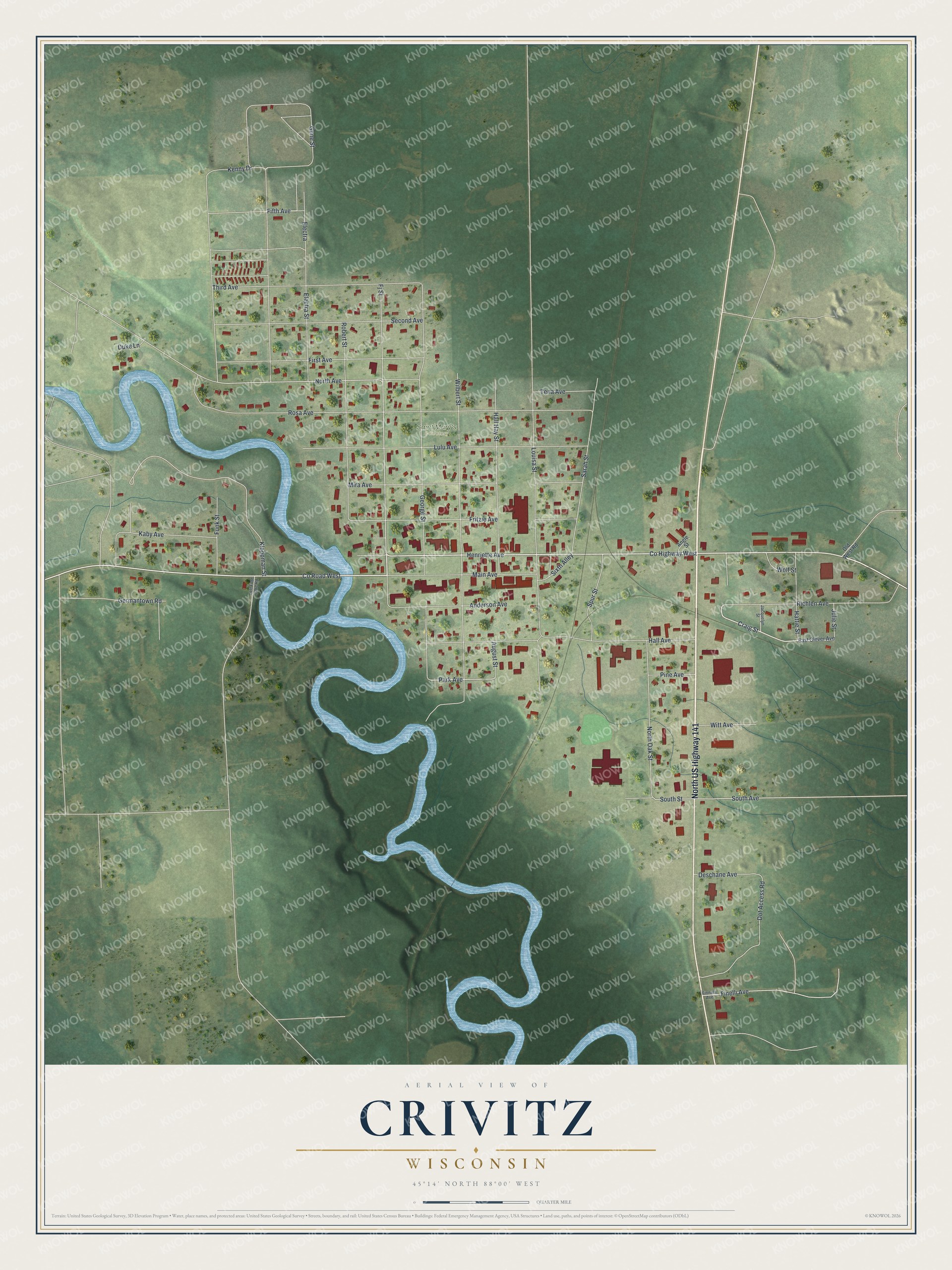 Full map of Crivitz, Wisconsin, with red buildings, printed street names and the land around them
