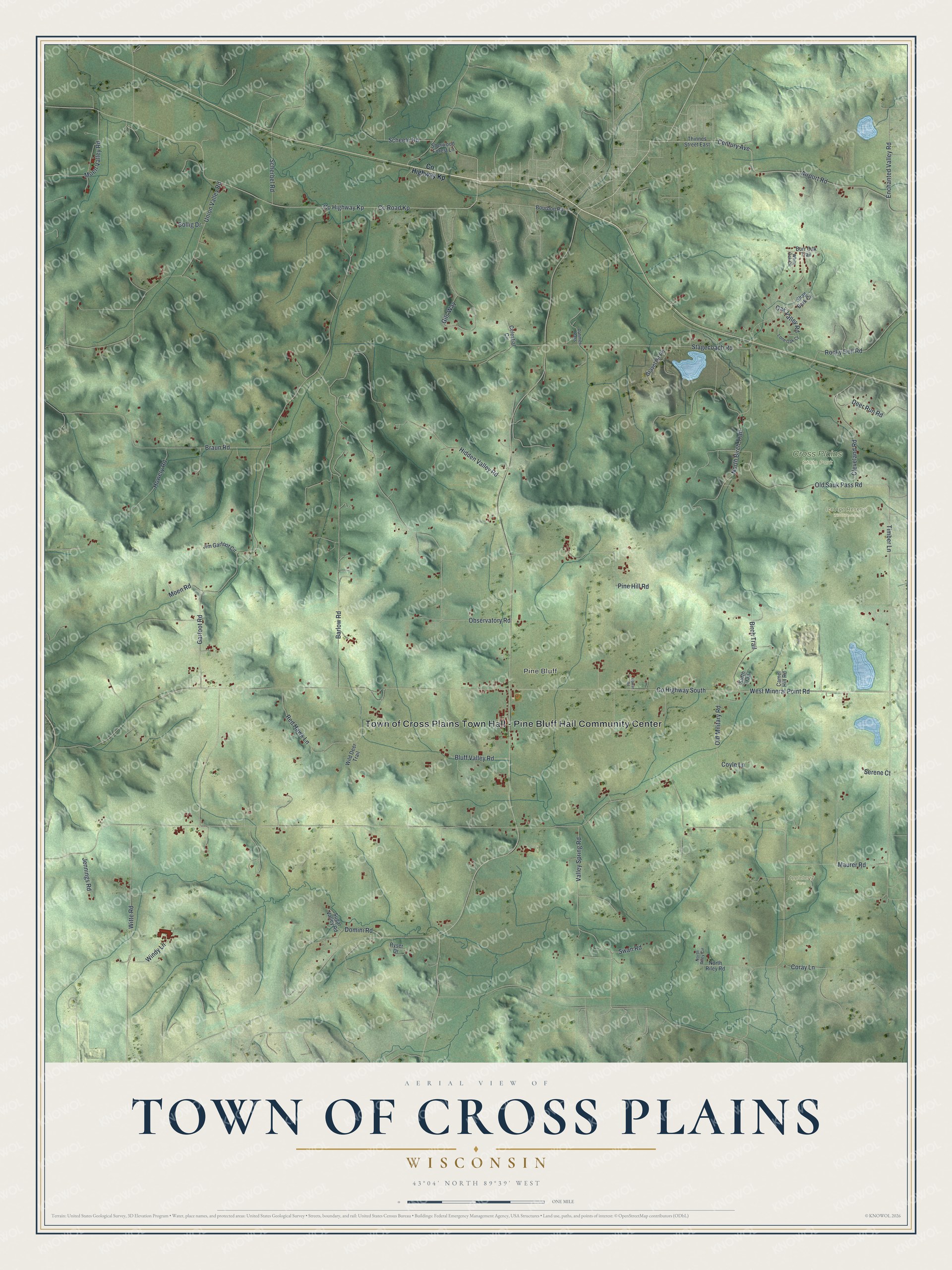 Full map of Cross Plains, Wisconsin, with red buildings, printed street names and the land around them