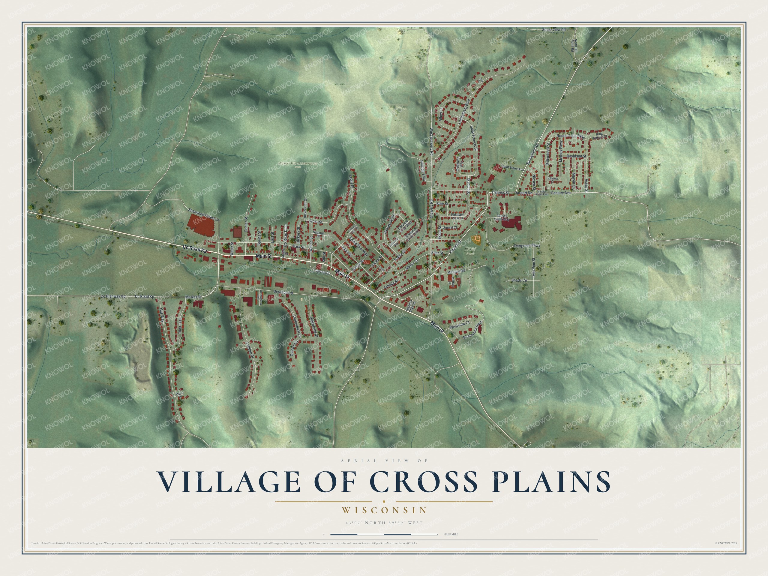 Full map of Cross Plains, Wisconsin, with red buildings, printed street names and the land around them