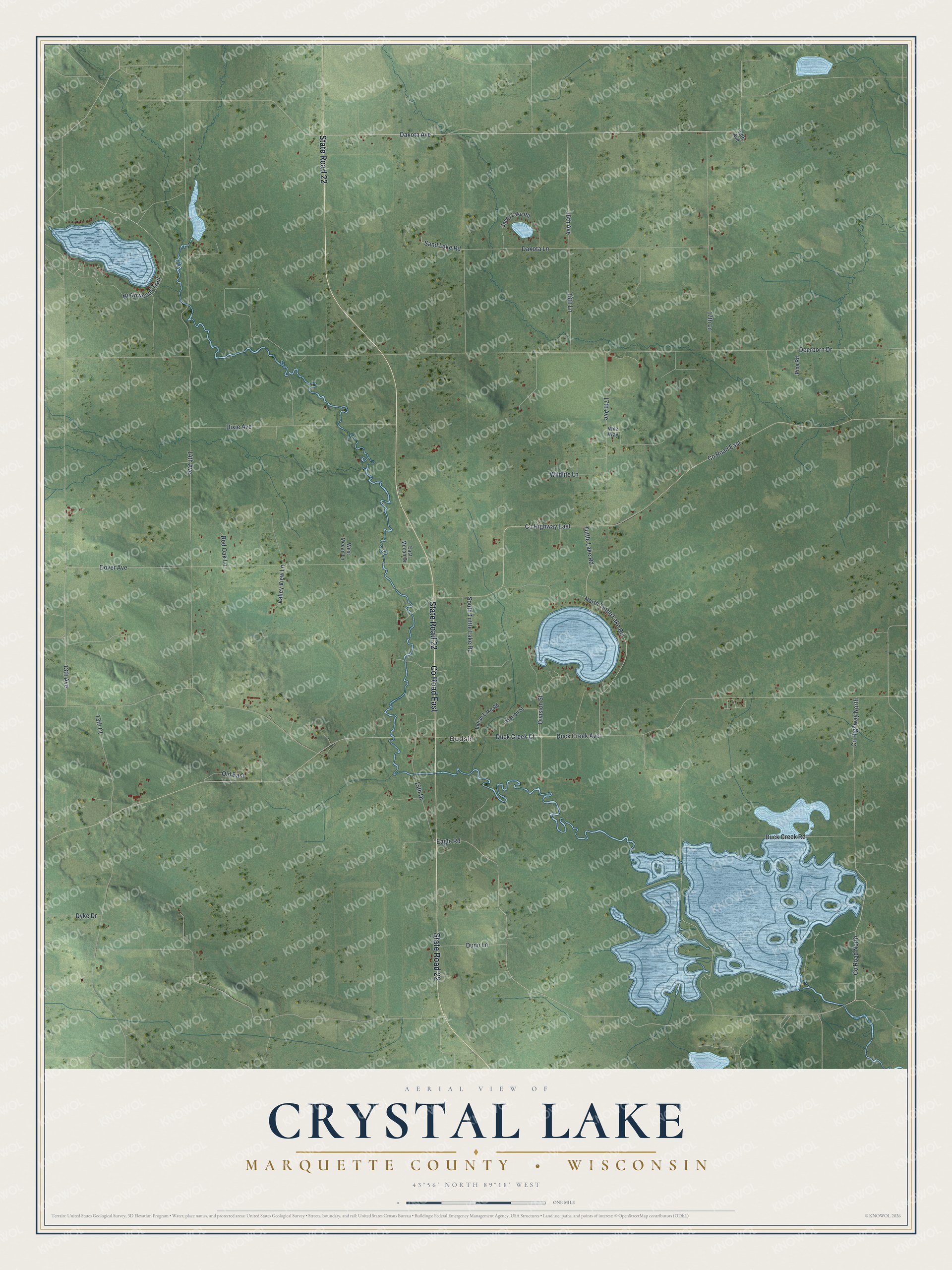 Full map of Crystal Lake, Wisconsin, with red buildings, printed street names and the land around them