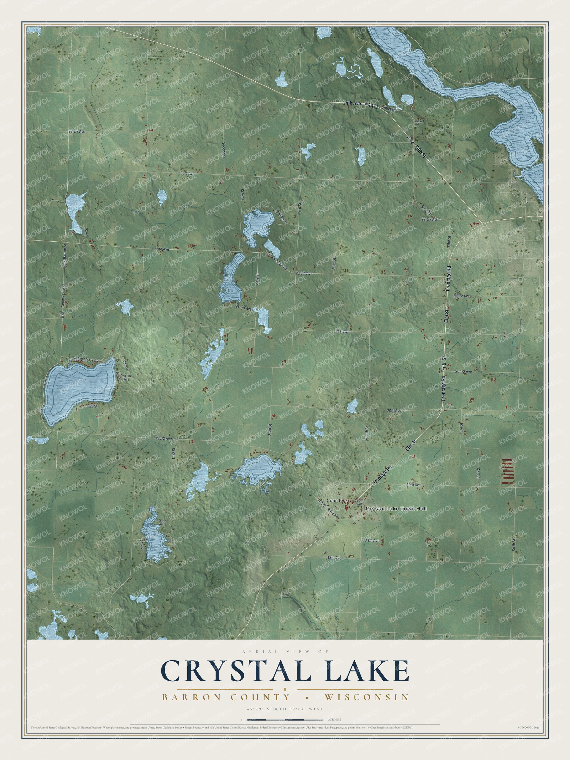 Full map of Crystal Lake, Wisconsin, with red buildings, printed street names and the land around them