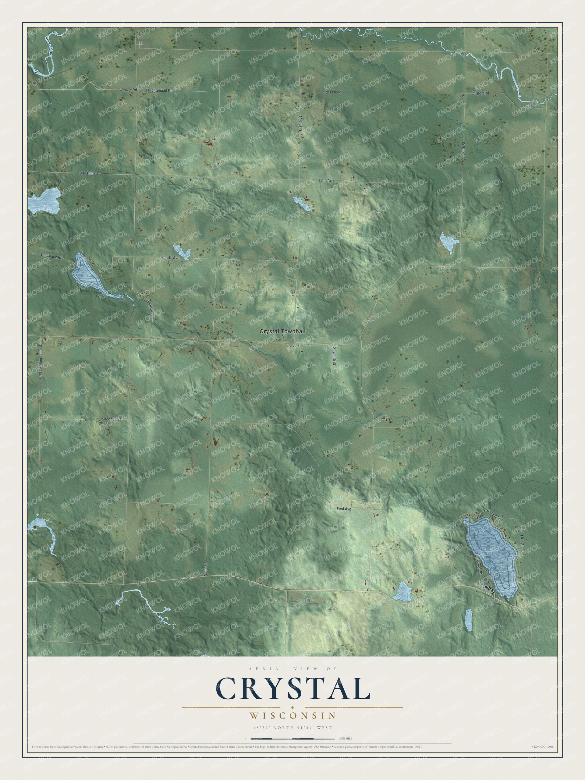 Full map of Crystal, Wisconsin, with red buildings, printed street names and the land around them