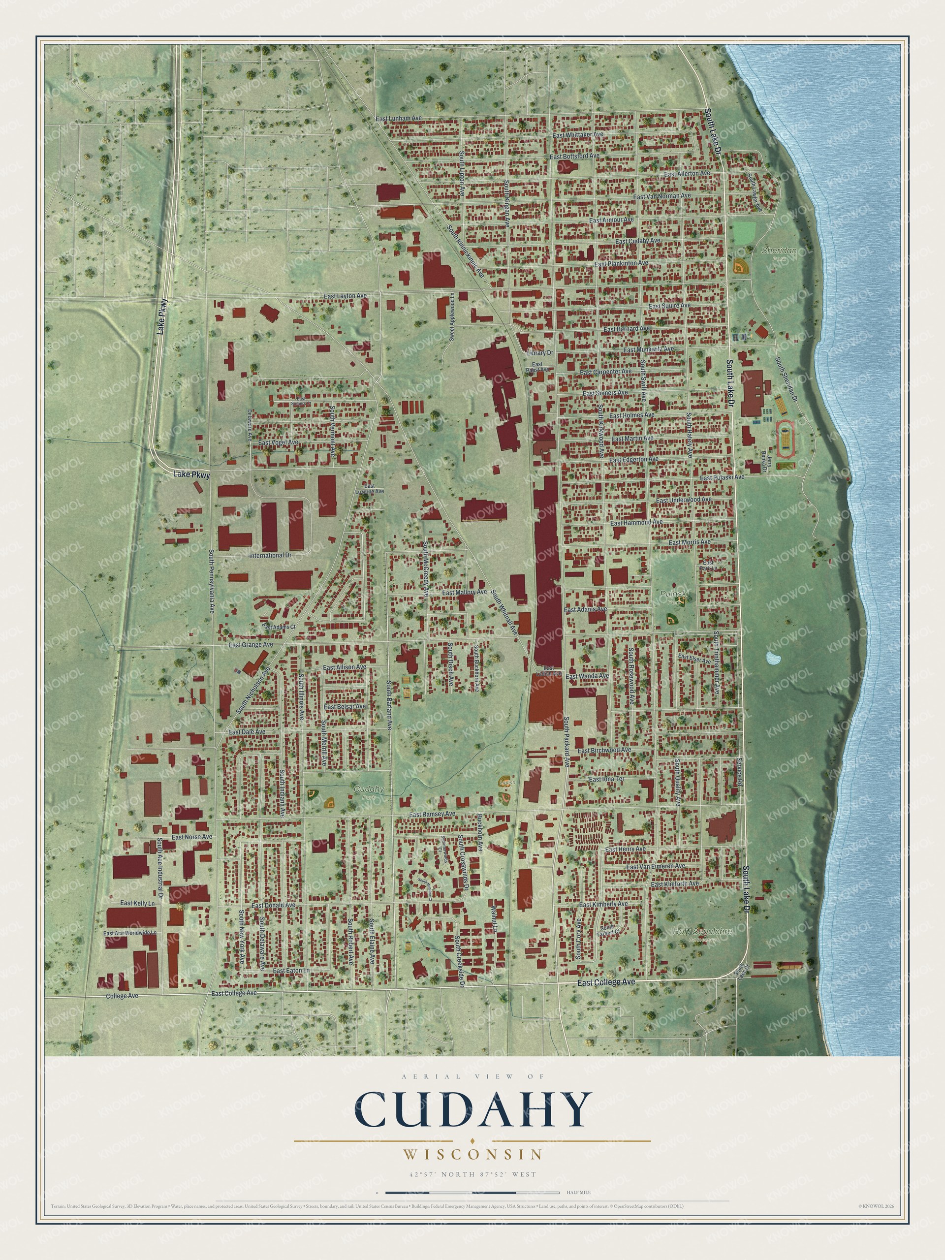 Full map of Cudahy, Wisconsin, with red buildings, printed street names and the land around them
