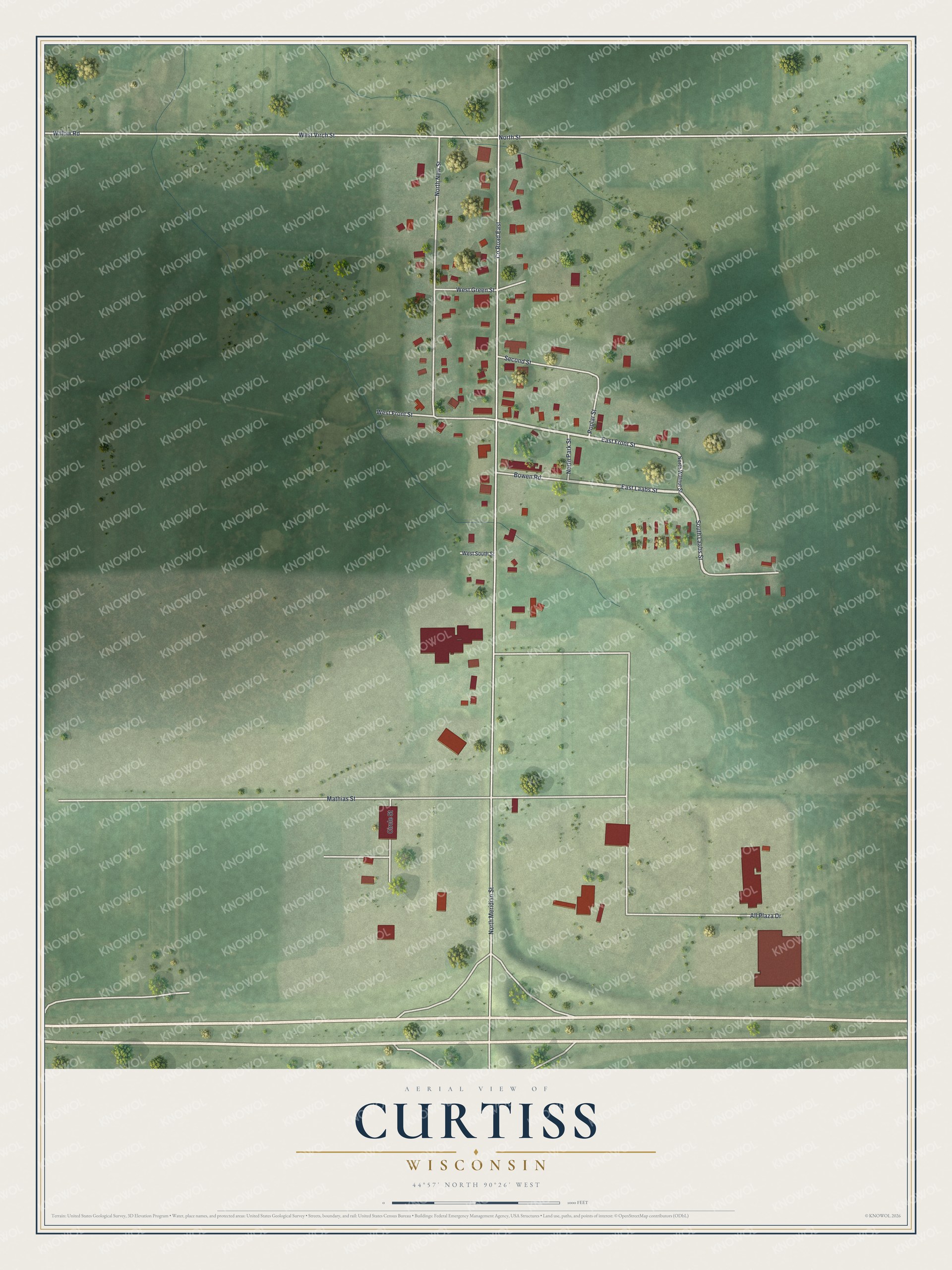 Full map of Curtiss, Wisconsin, with red buildings, printed street names and the land around them