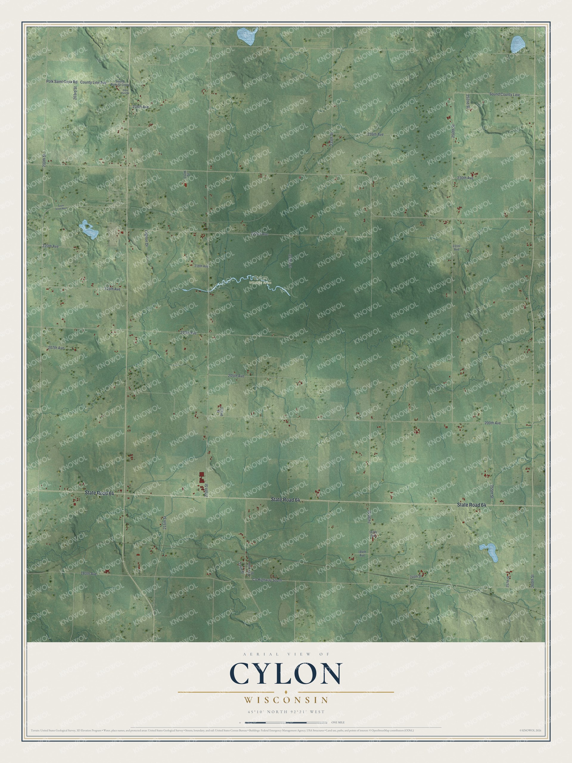 Full map of Cylon, Wisconsin, with red buildings, printed street names and the land around them