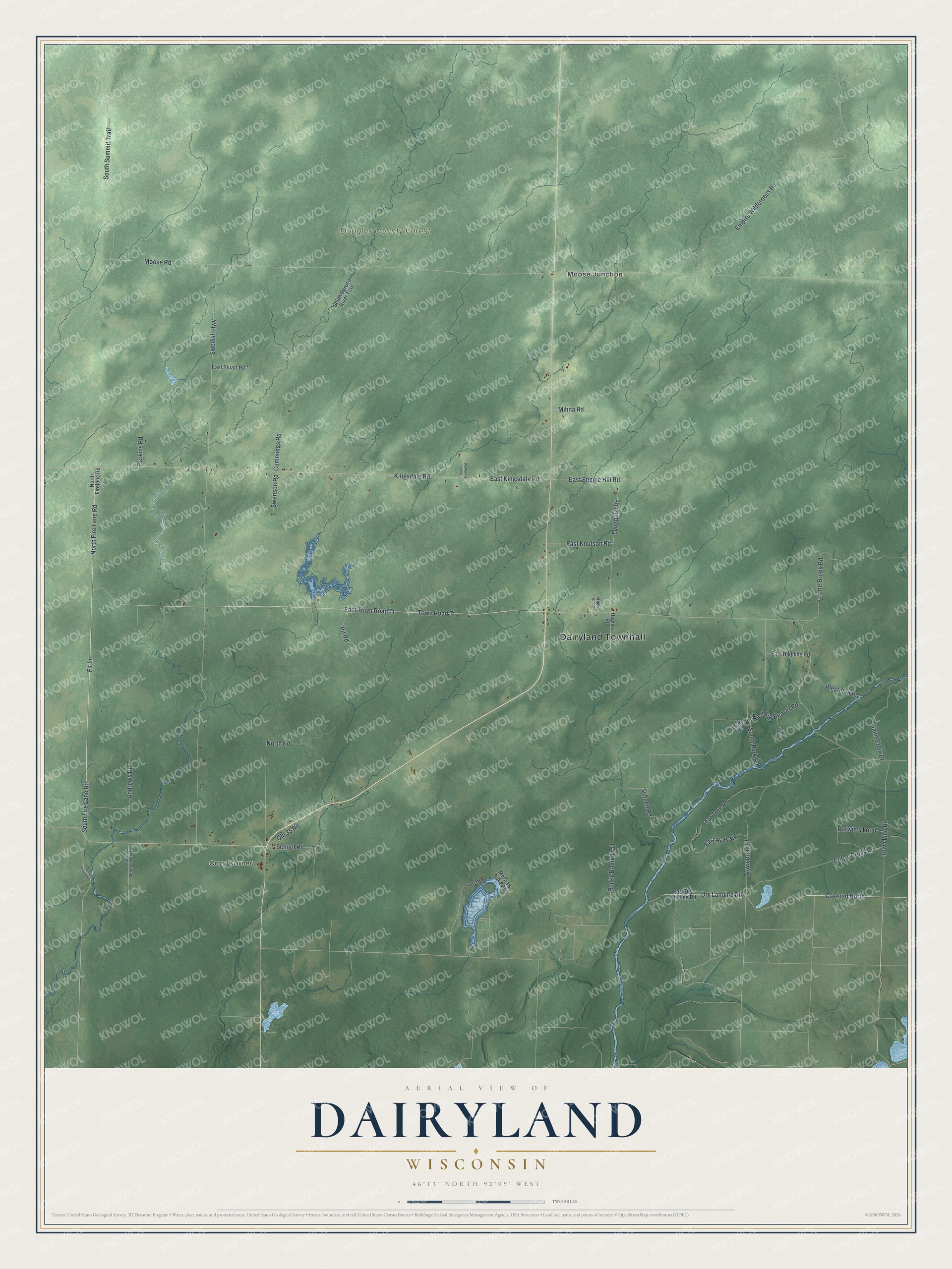 Full map of Dairyland, Wisconsin, with red buildings, printed street names and the land around them