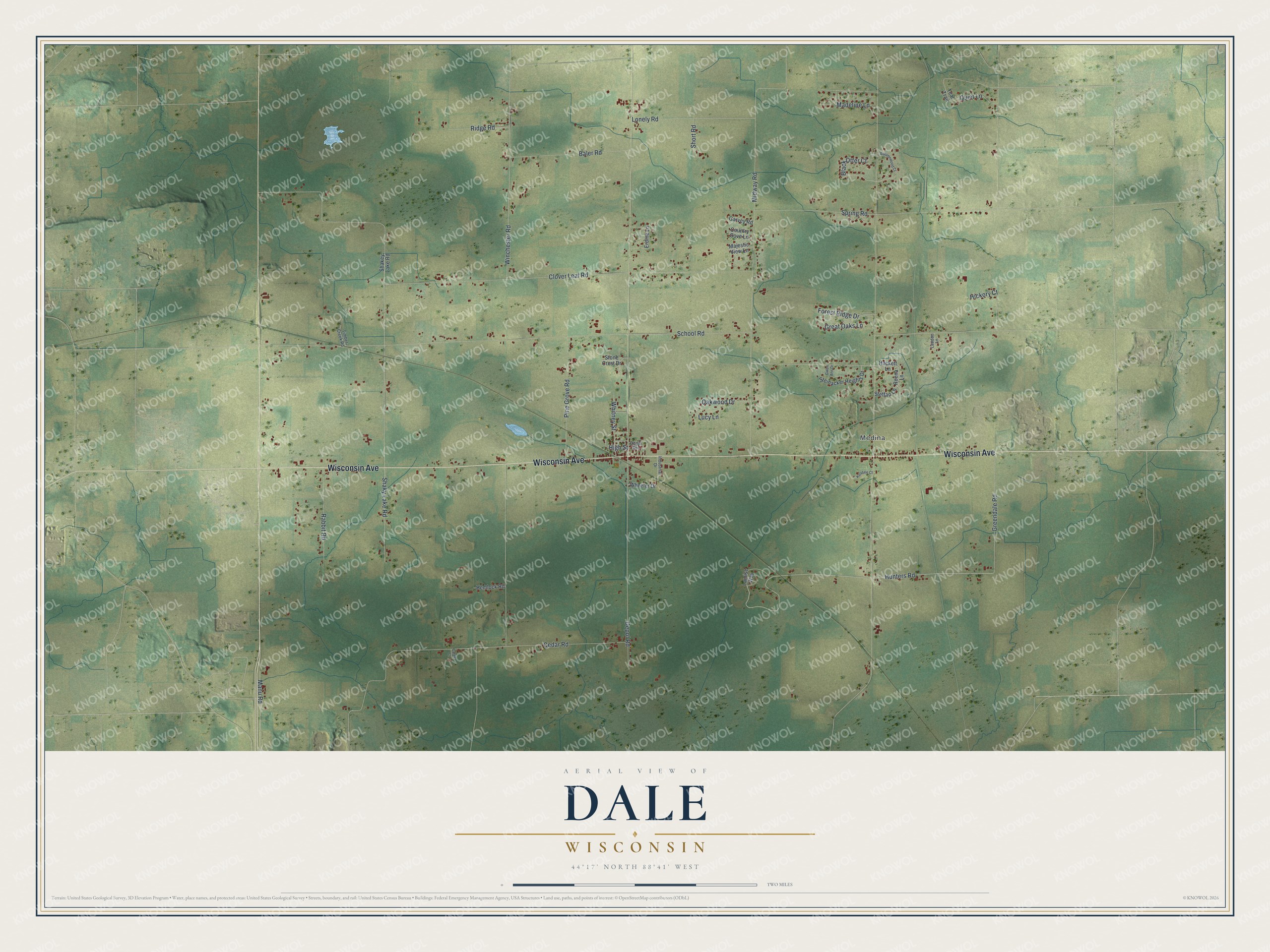 Full map of Dale, Wisconsin, with red buildings, printed street names and the land around them