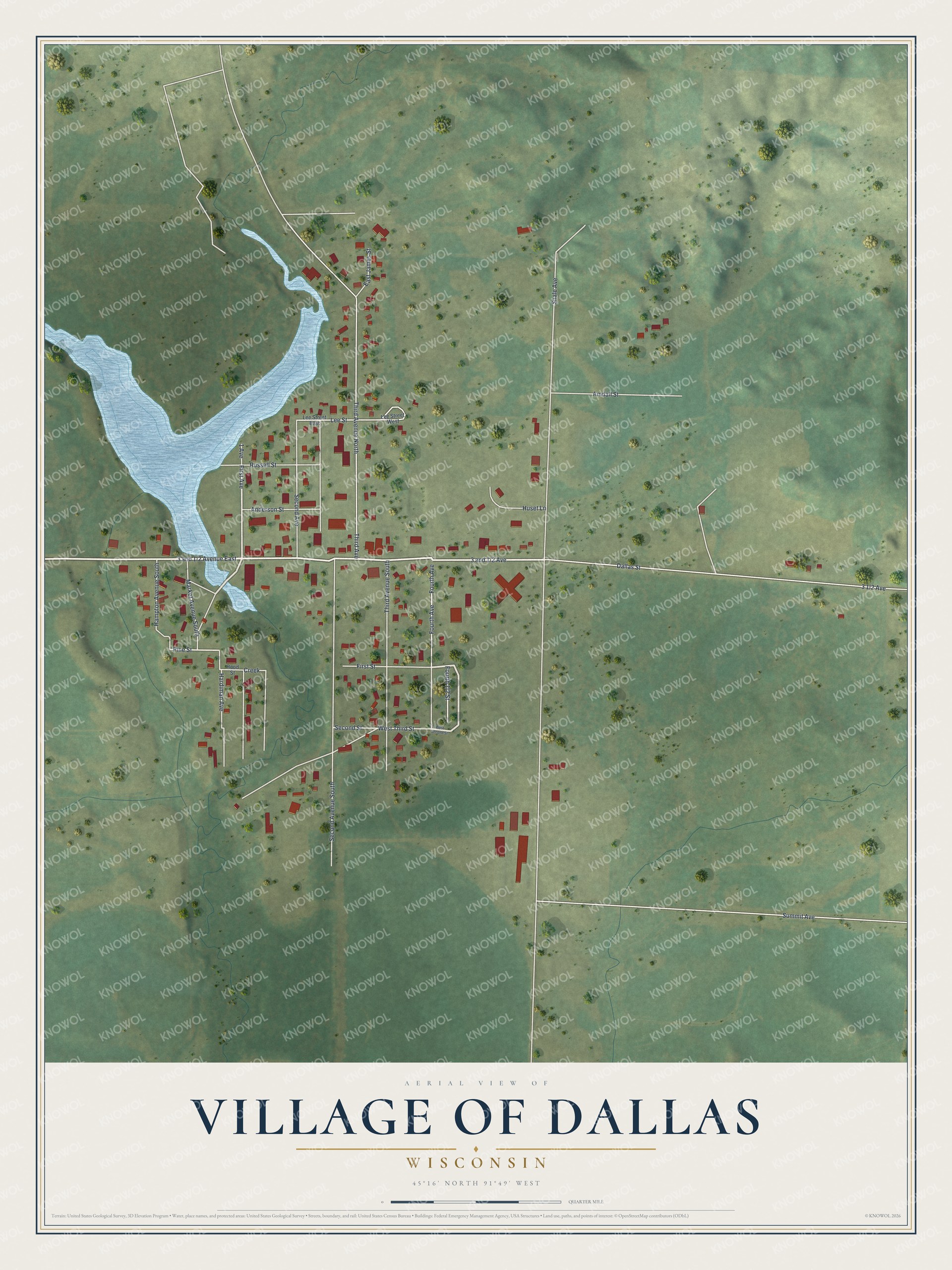 Full map of Dallas, Wisconsin, with red buildings, printed street names and the land around them