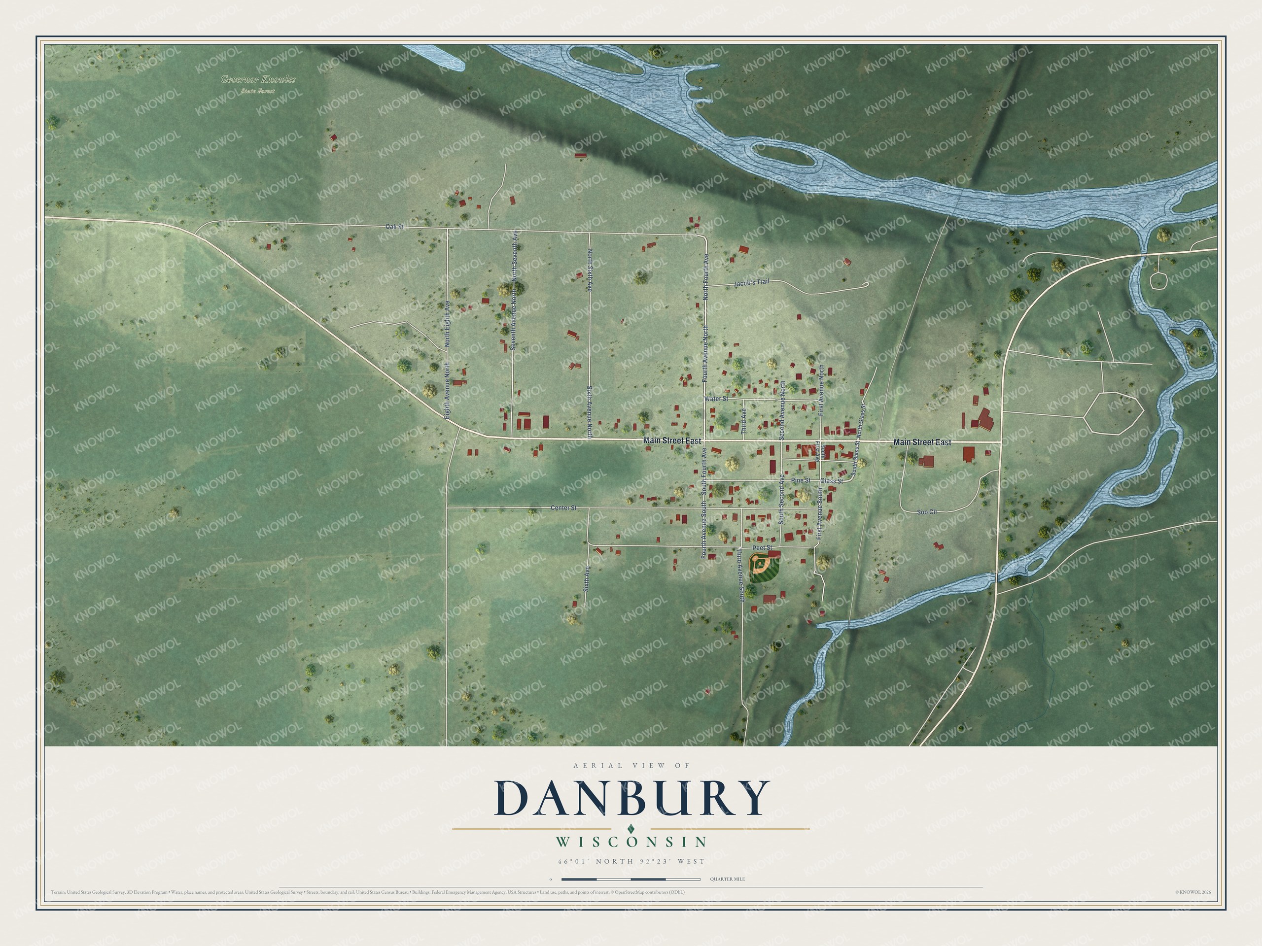 Full map of Danbury, Wisconsin, with red buildings, printed street names and the land around them