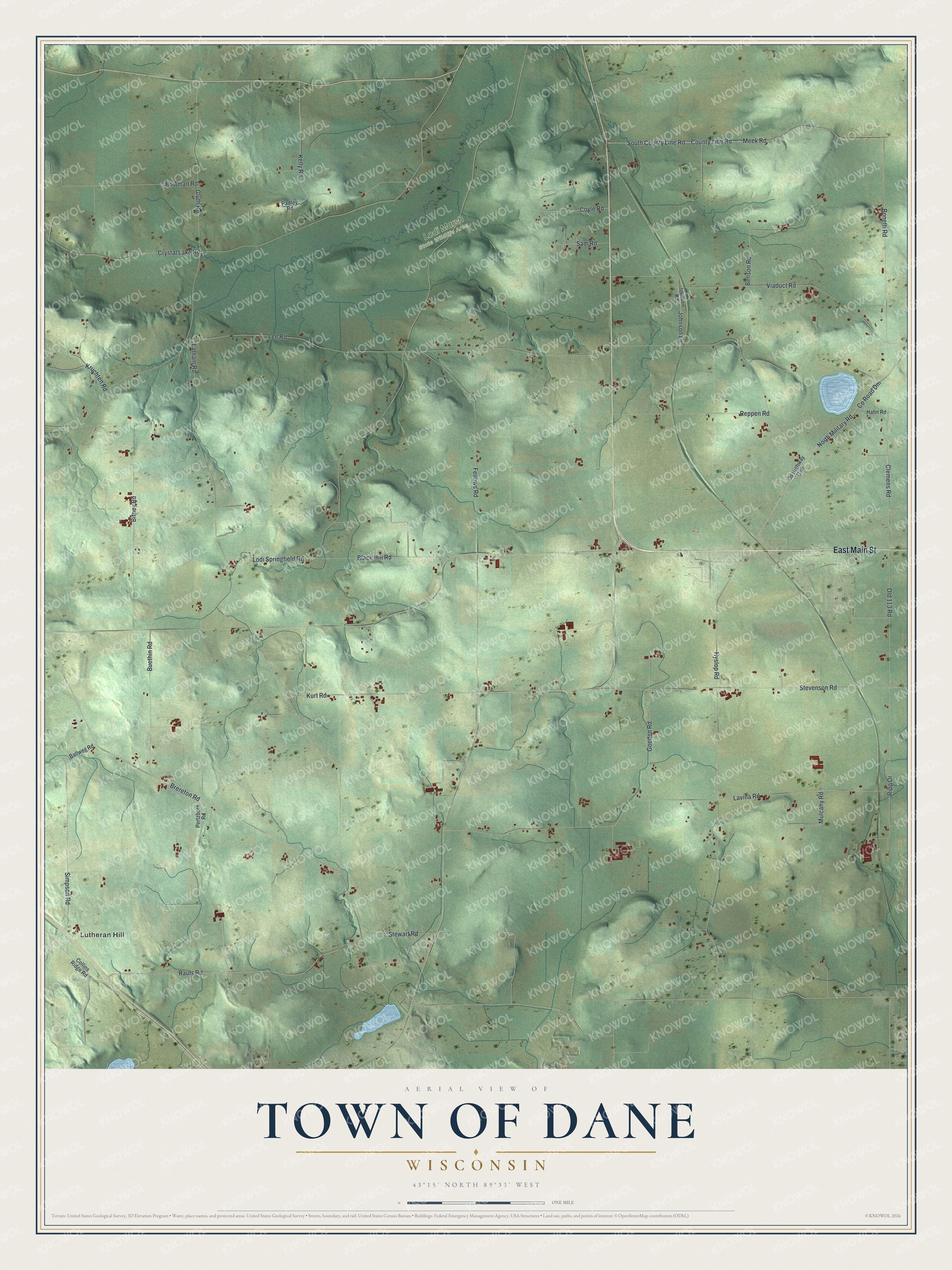 Full map of Dane, Wisconsin, with red buildings, printed street names and the land around them