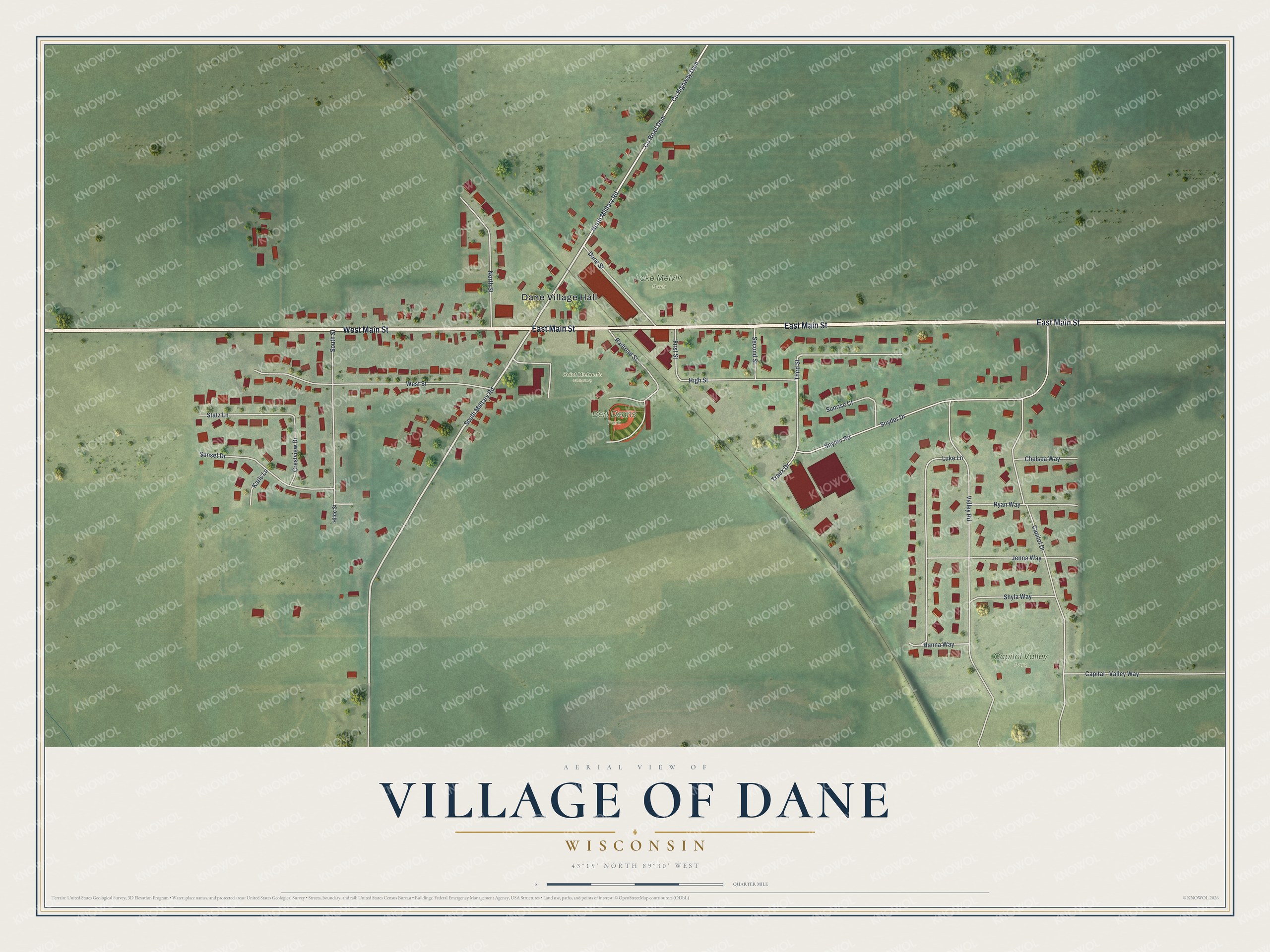 Full map of Dane, Wisconsin, with red buildings, printed street names and the land around them