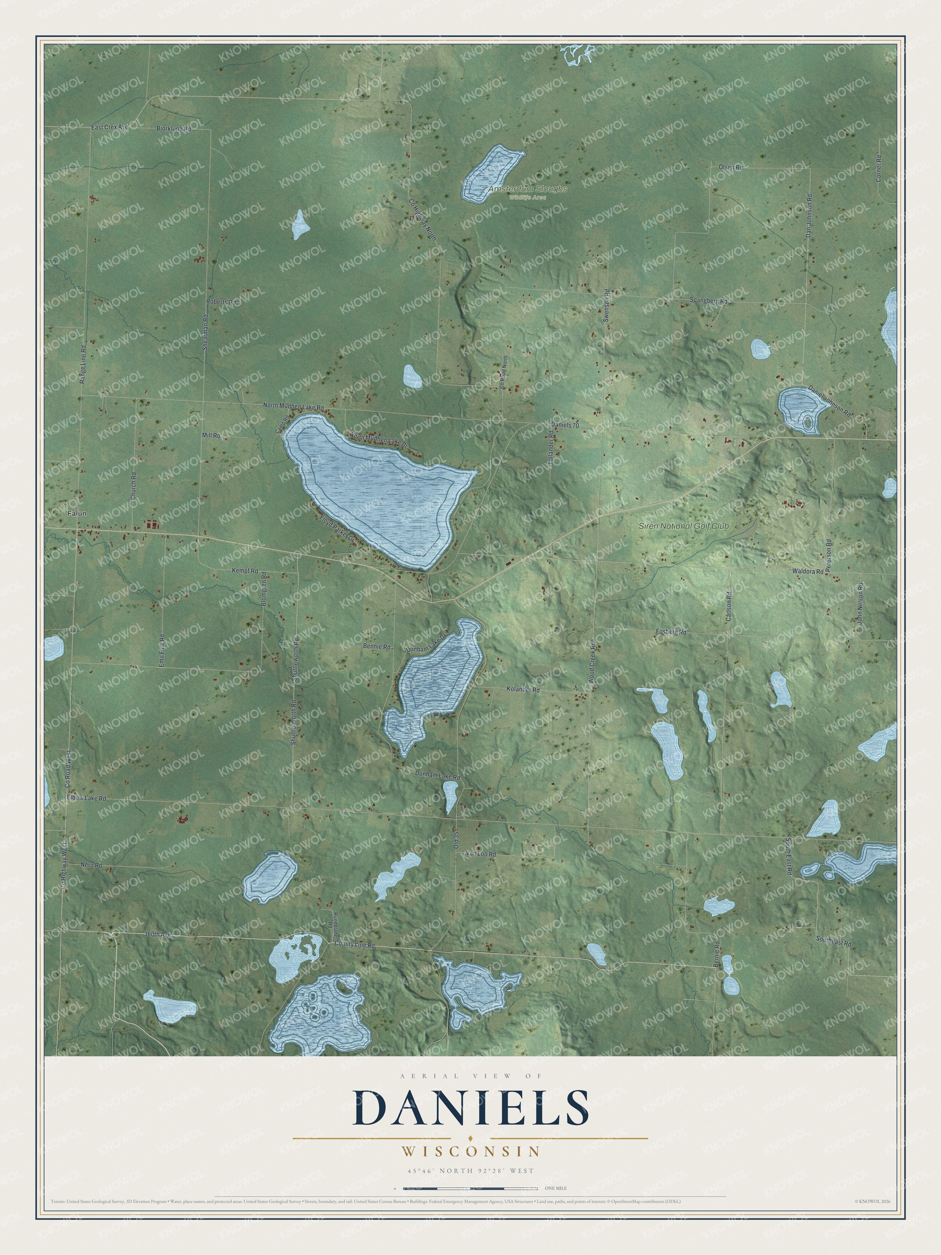Full map of Daniels, Wisconsin, with red buildings, printed street names and the land around them