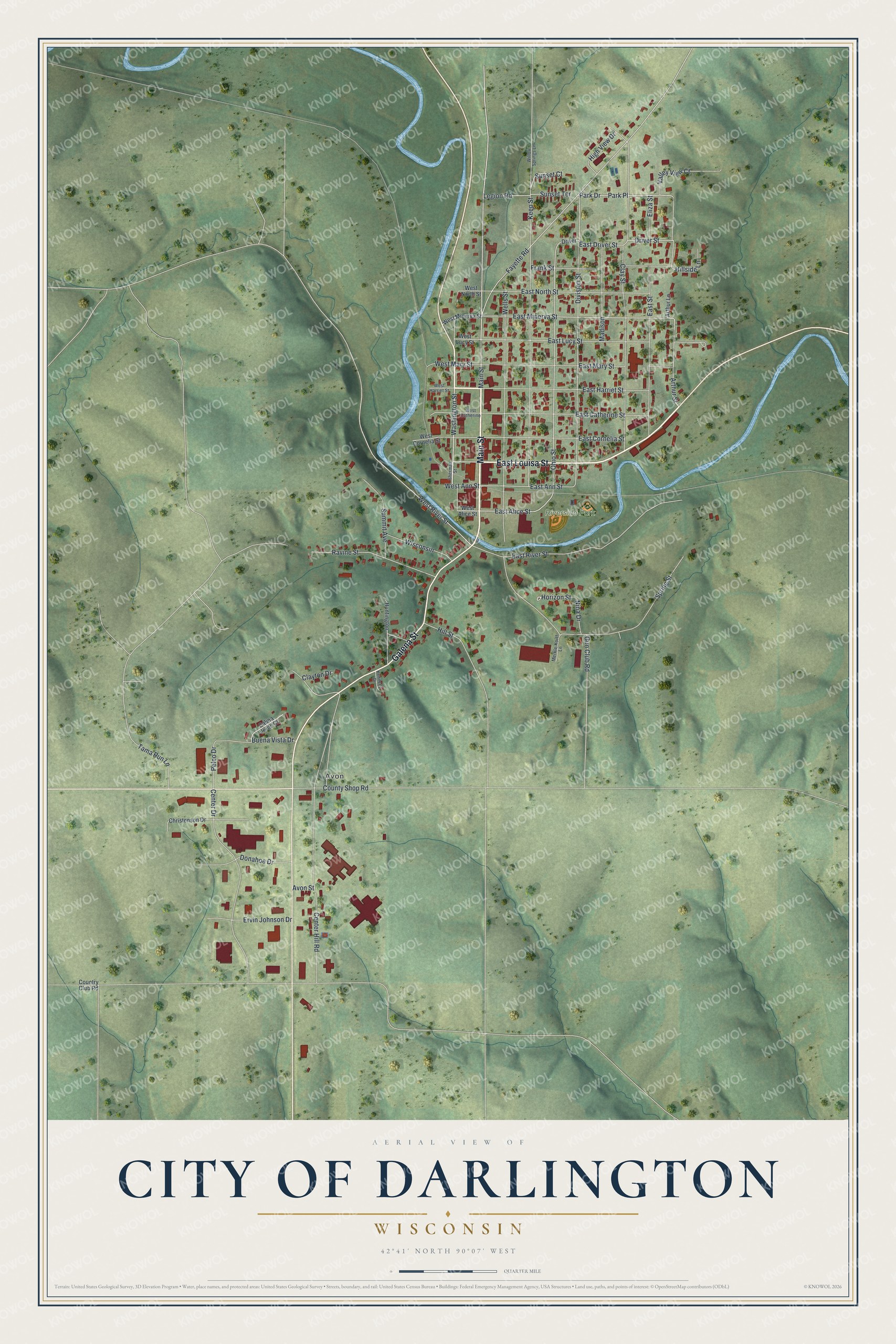 Full map of Darlington, Wisconsin, with red buildings, printed street names and the land around them