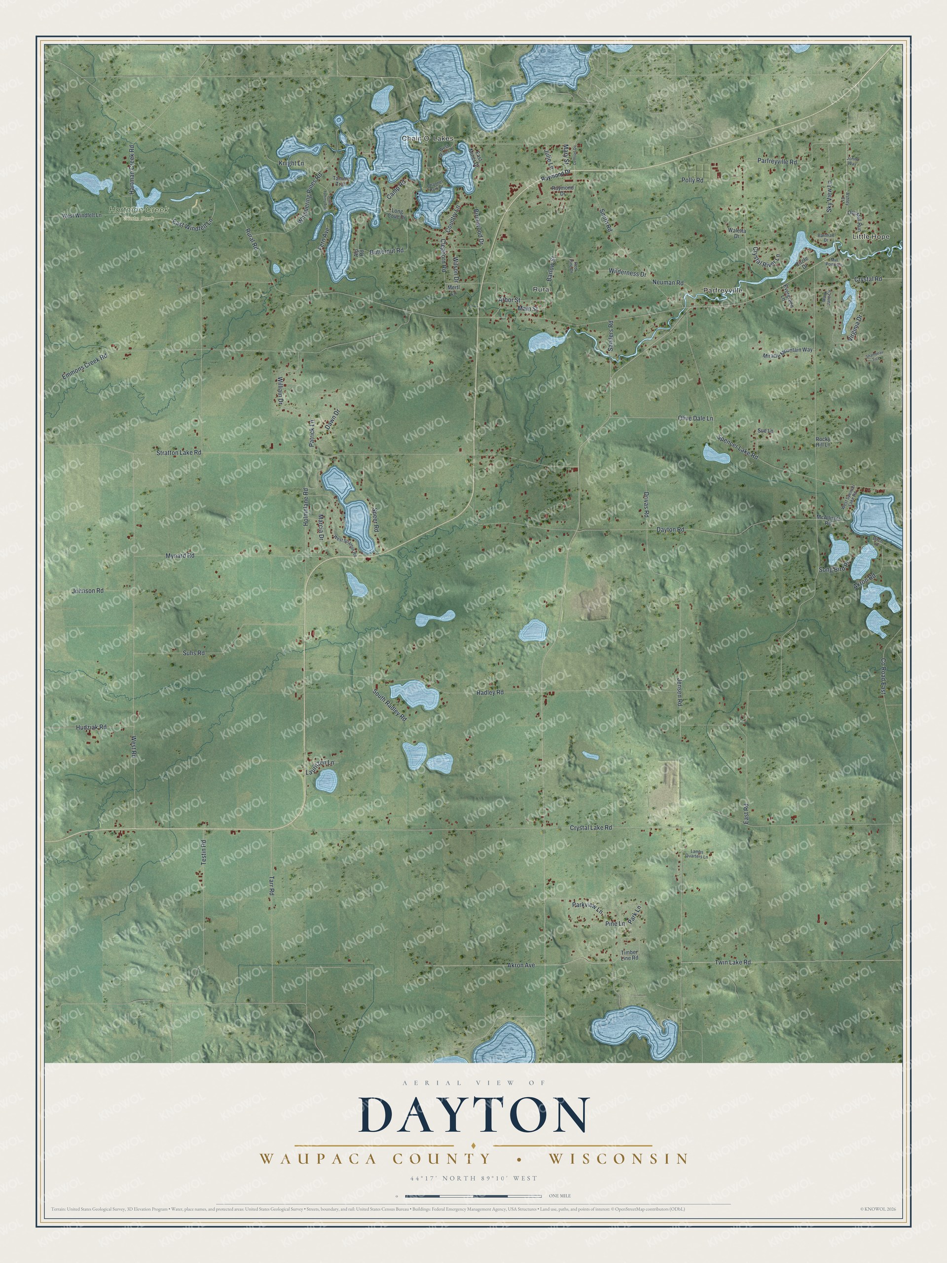 Full map of Dayton, Wisconsin, with red buildings, printed street names and the land around them