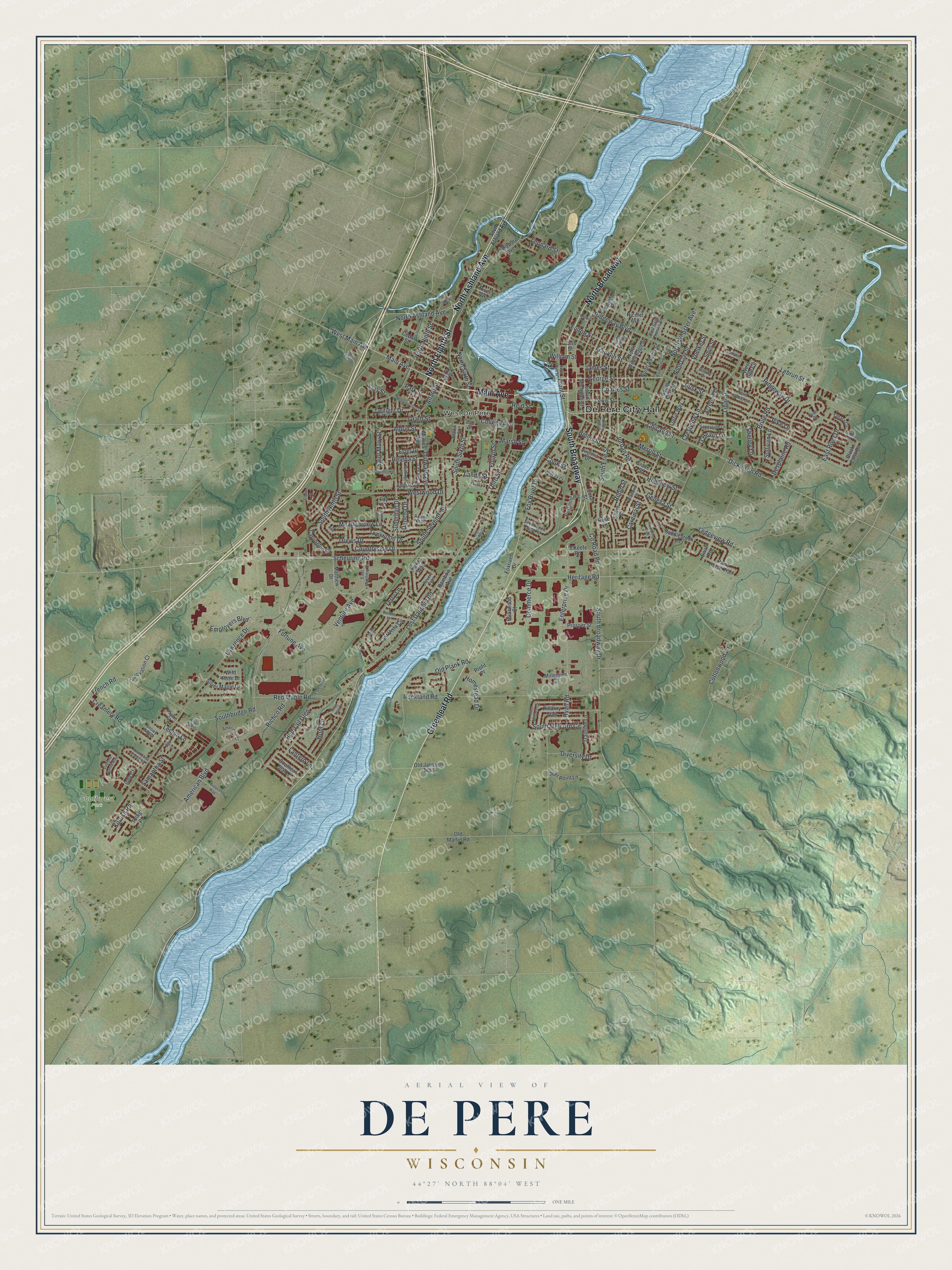 Full map of De Pere, Wisconsin, with red buildings, printed street names and the land around them