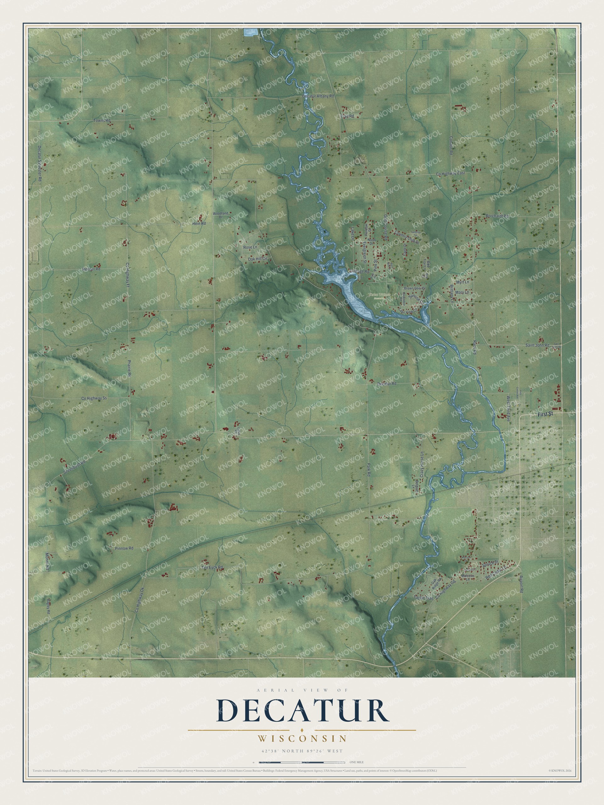 Full map of Decatur, Wisconsin, with red buildings, printed street names and the land around them
