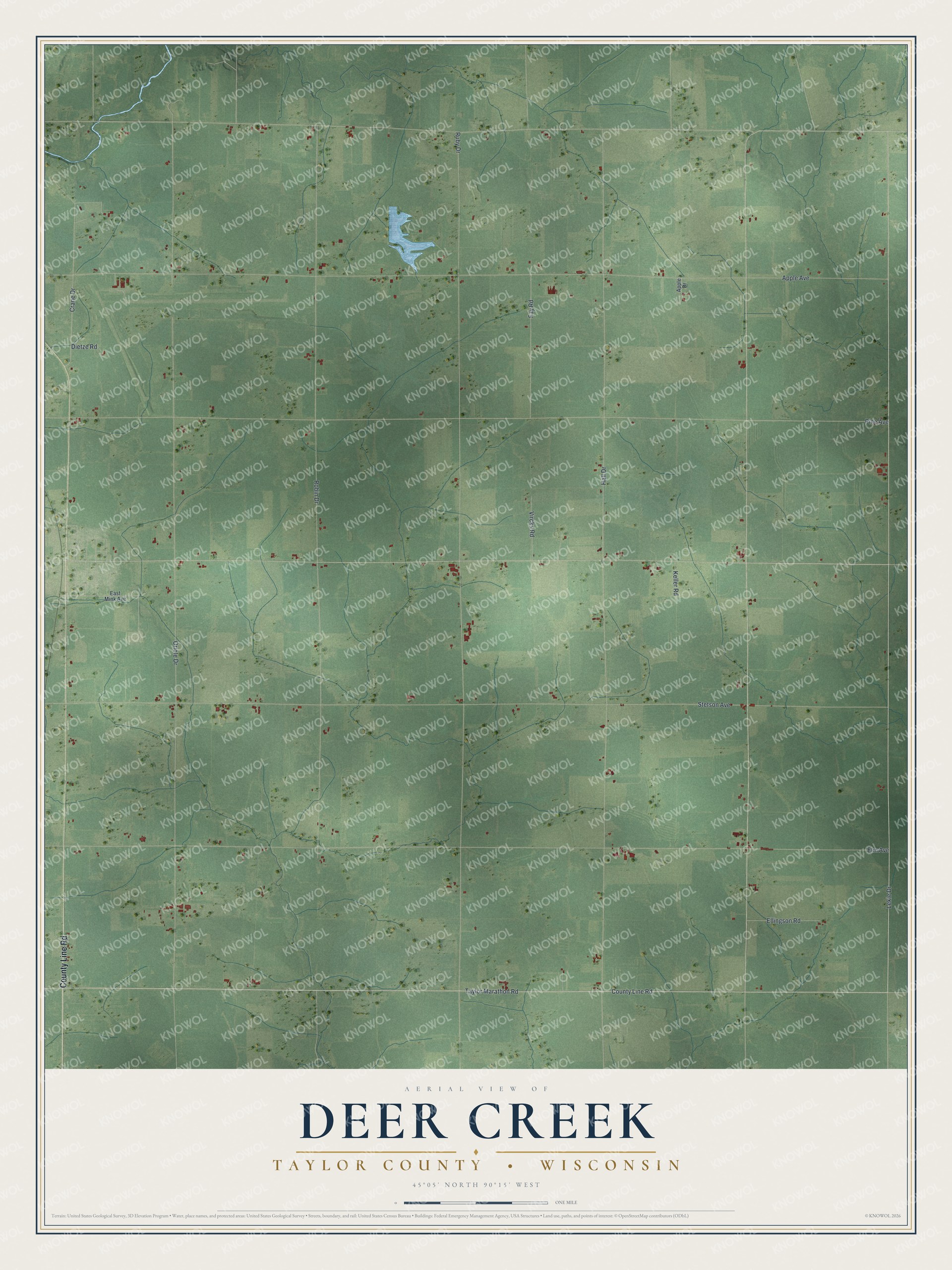 Full map of Deer Creek, Wisconsin, with red buildings, printed street names and the land around them
