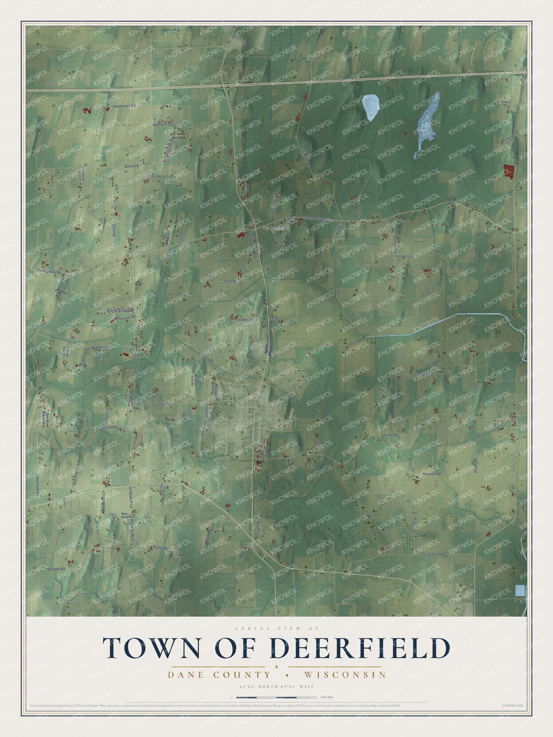 Full map of Deerfield, Wisconsin, with red buildings, printed street names and the land around them