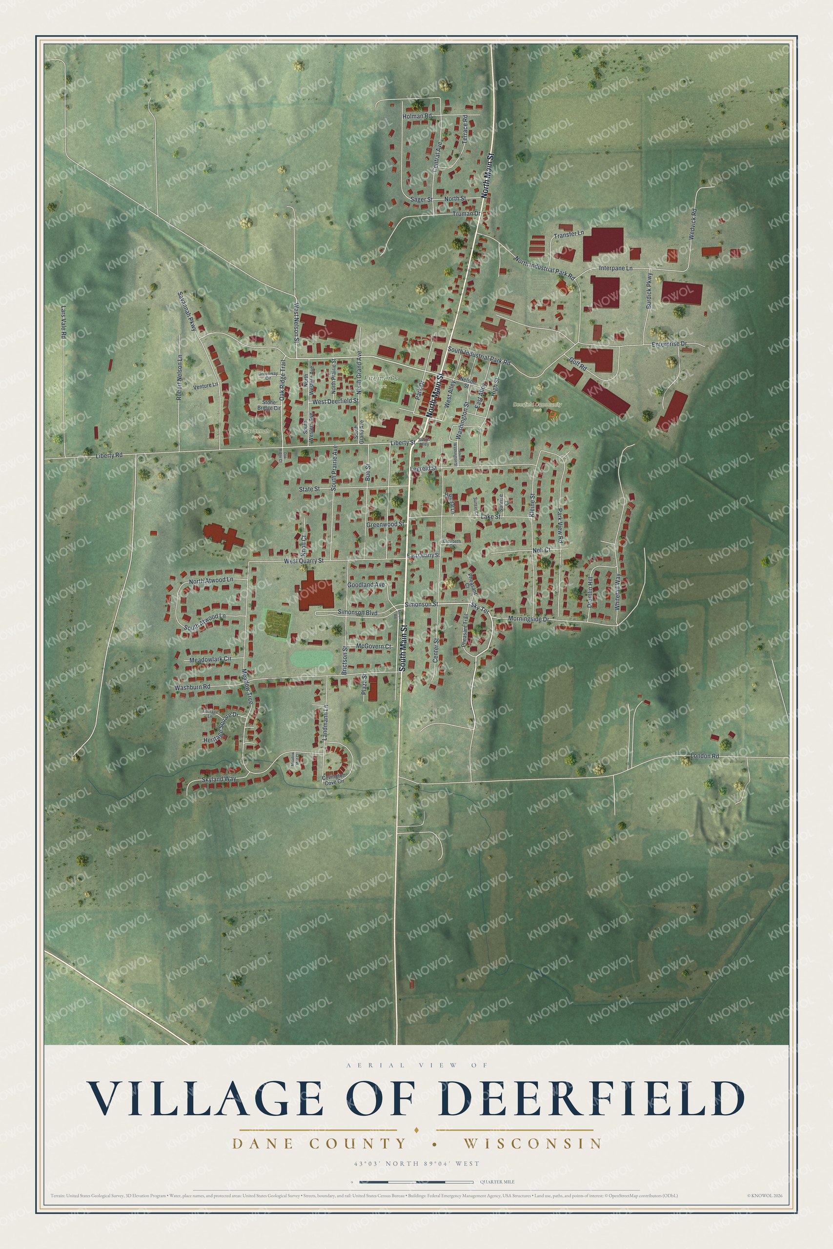 Full map of Deerfield, Wisconsin, with red buildings, printed street names and the land around them