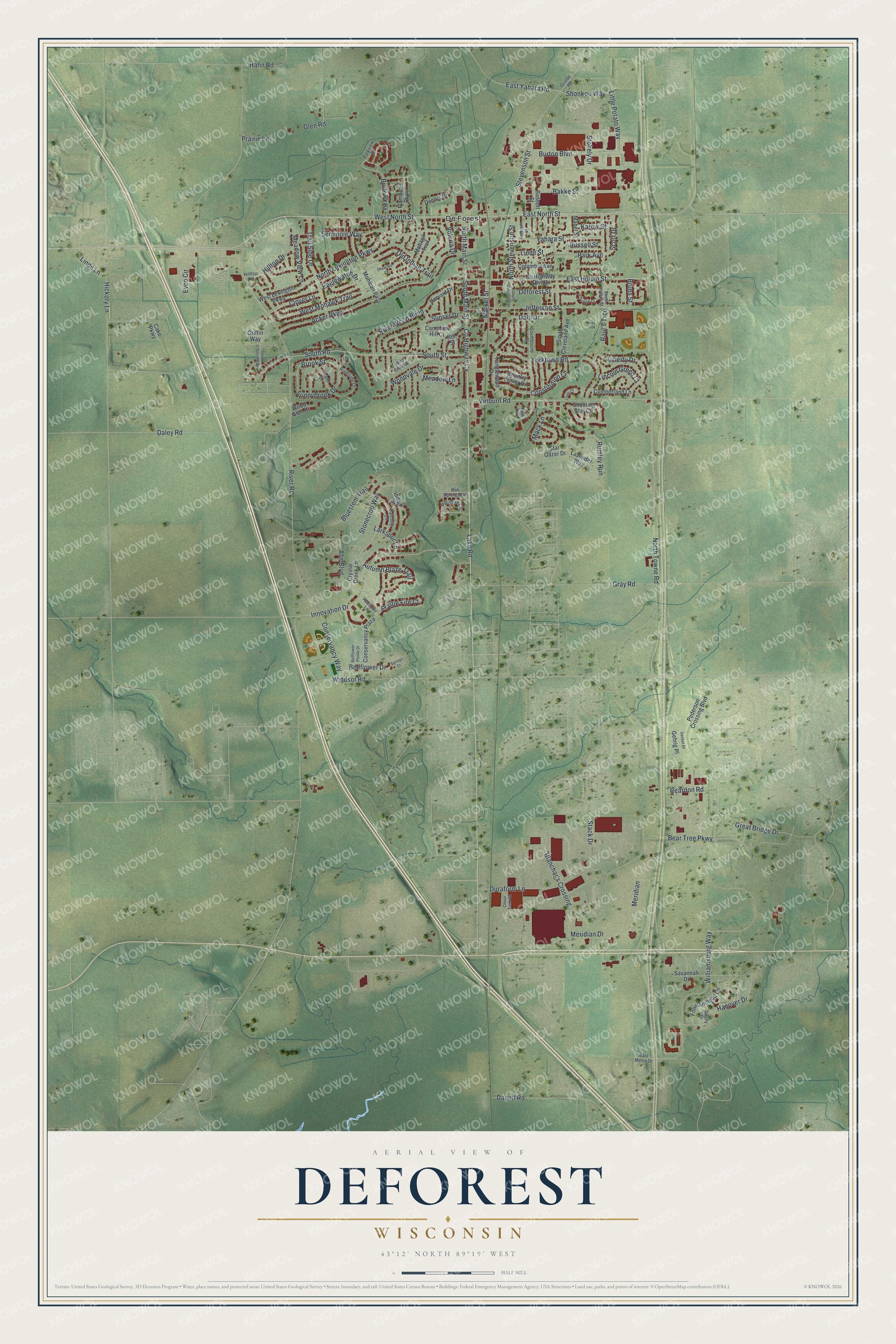 Full map of DeForest, Wisconsin, with red buildings, printed street names and the land around them