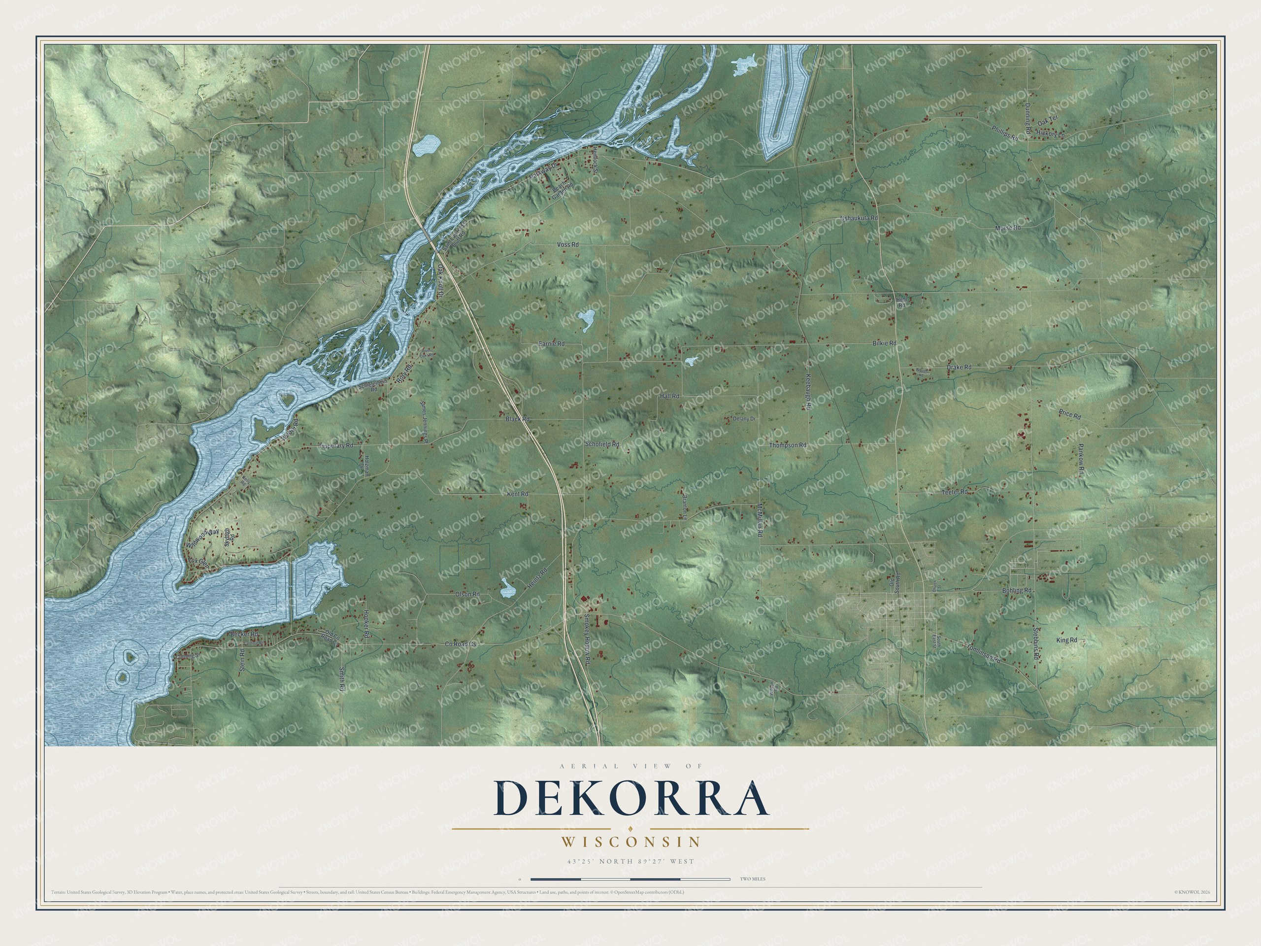 Full map of Dekorra, Wisconsin, with red buildings, printed street names and the land around them