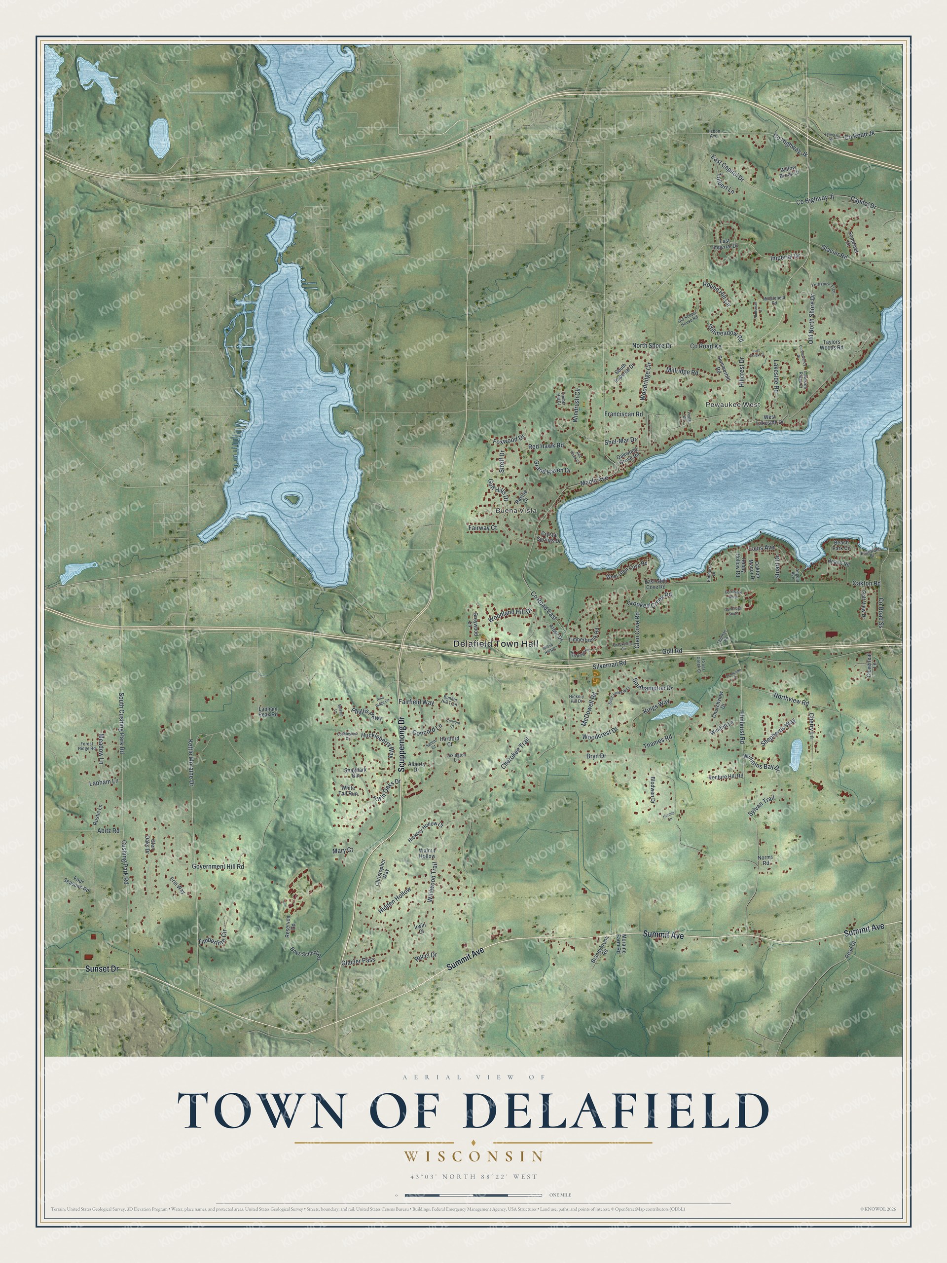 Full map of Delafield, Wisconsin, with red buildings, printed street names and the land around them