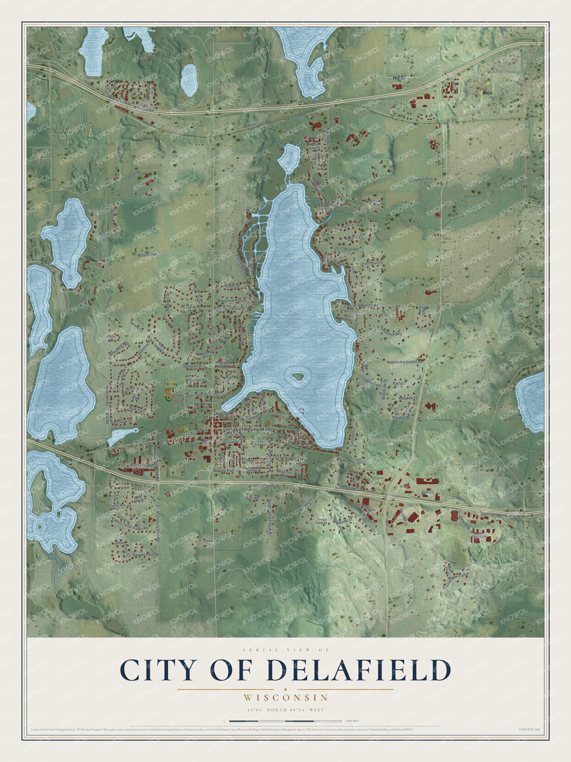 Full map of Delafield, Wisconsin, with red buildings, printed street names and the land around them