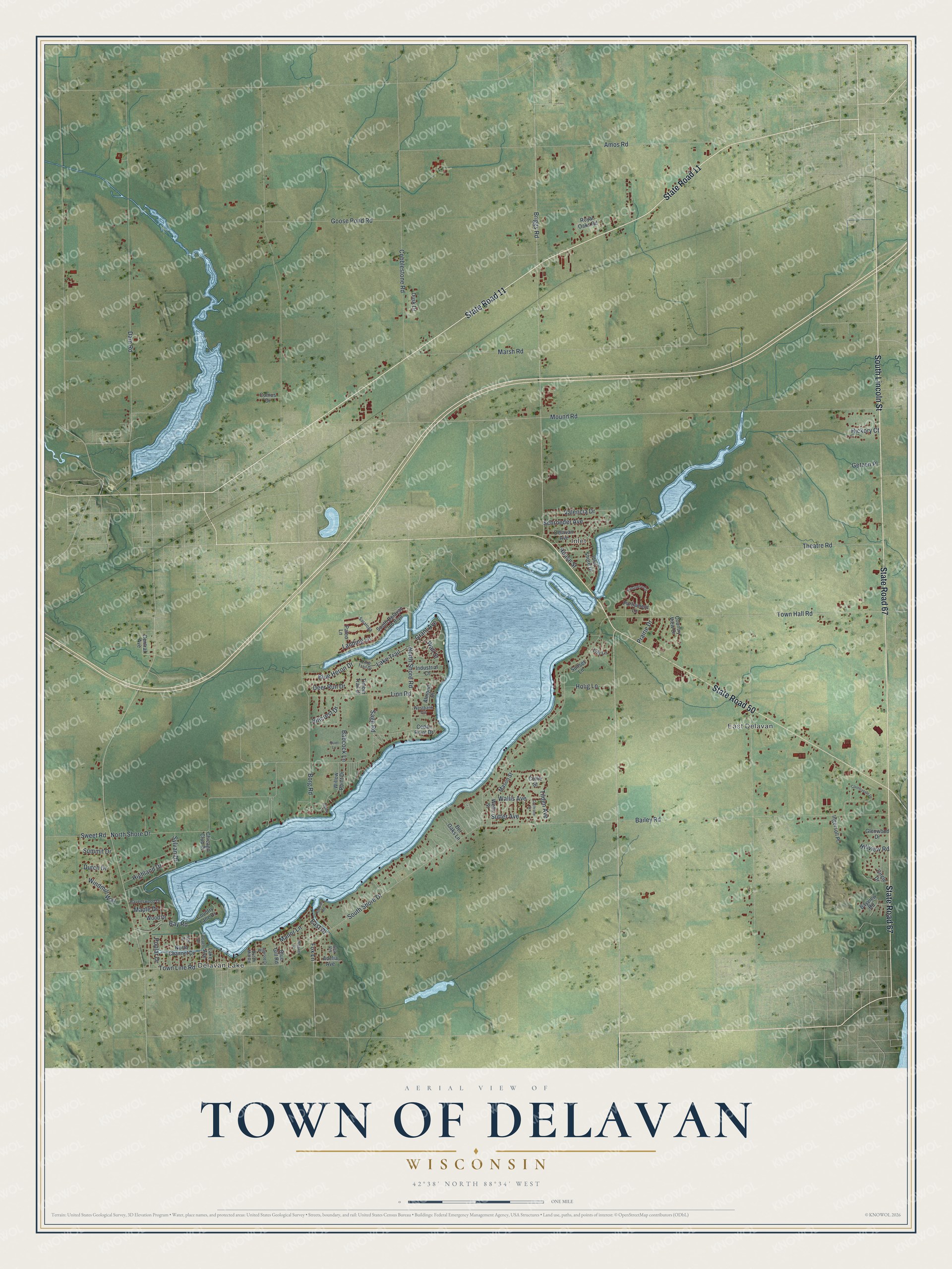 Full map of Delavan, Wisconsin, with red buildings, printed street names and the land around them