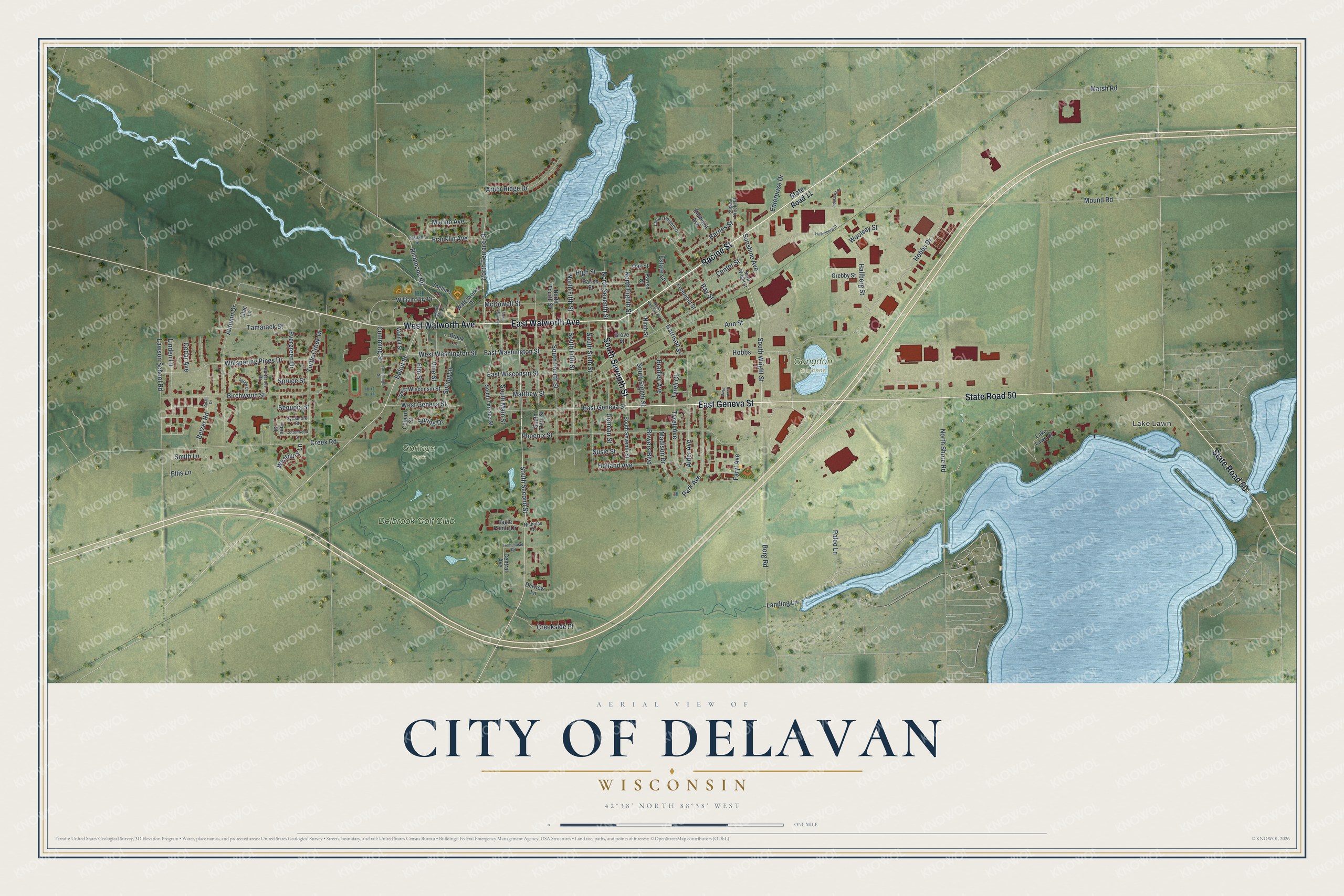 Full map of Delavan, Wisconsin, with red buildings, printed street names and the land around them