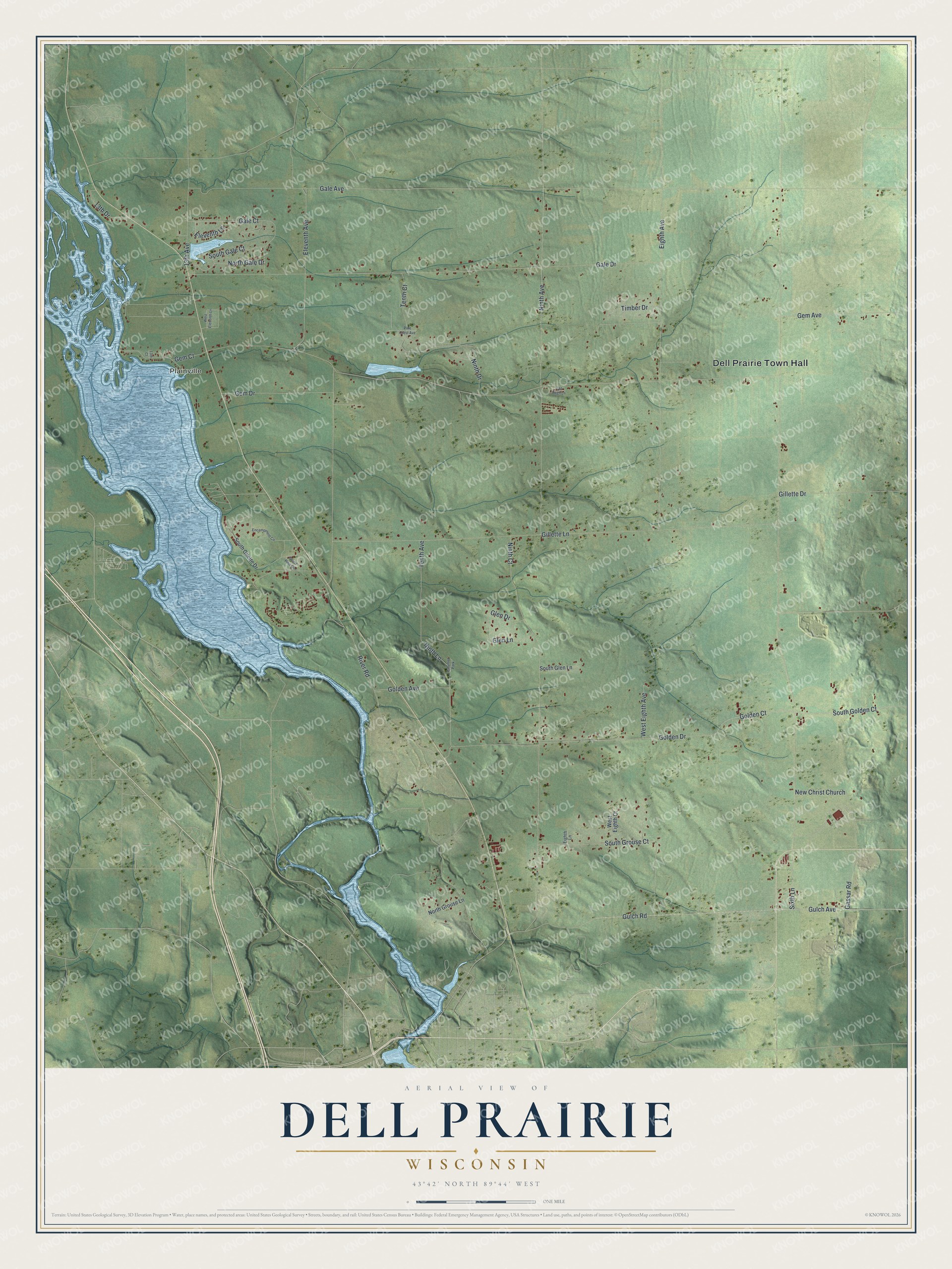 Full map of Dell Prairie, Wisconsin, with red buildings, printed street names and the land around them