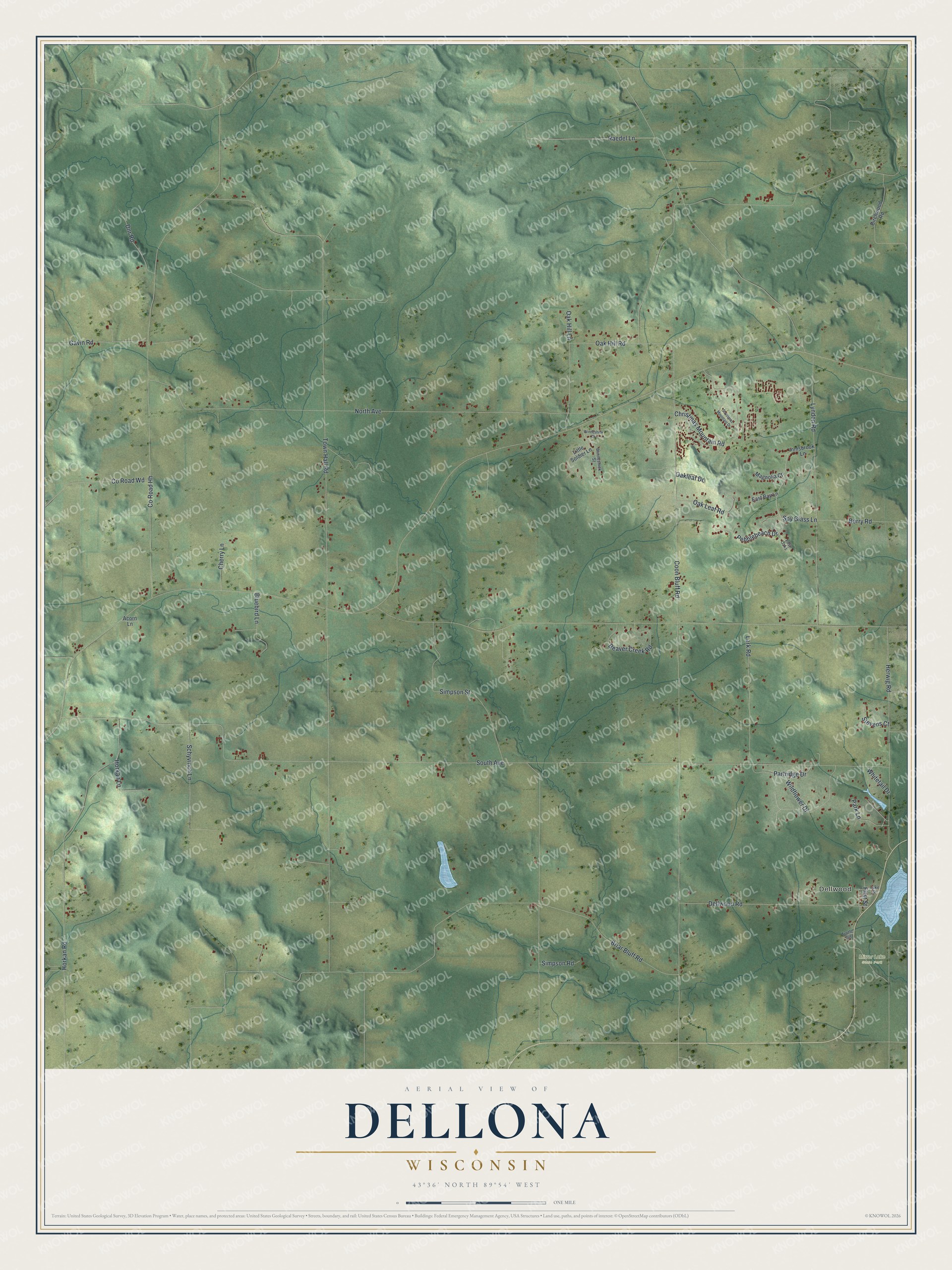Full map of Dellona, Wisconsin, with red buildings, printed street names and the land around them
