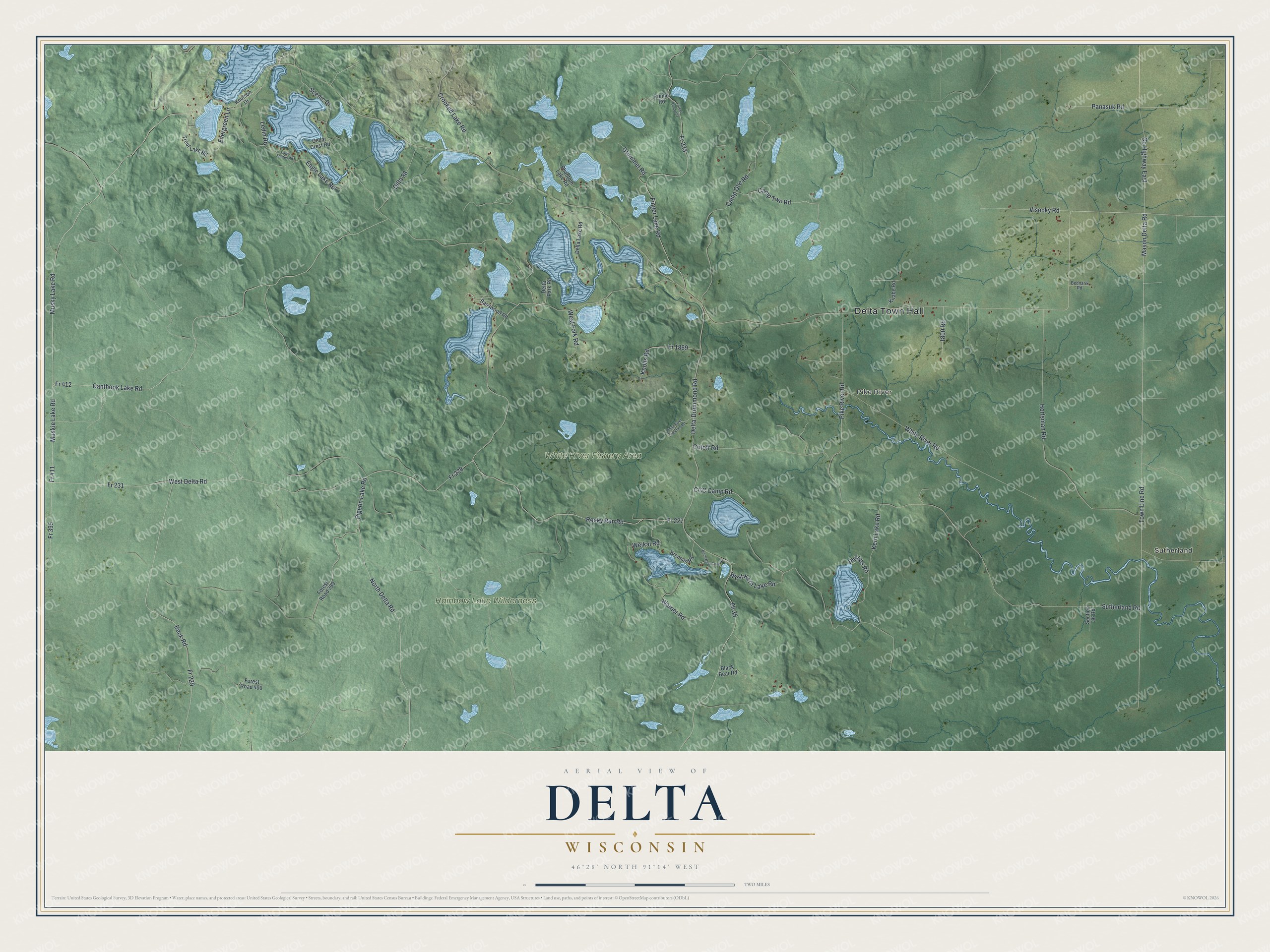 Full map of Delta, Wisconsin, with red buildings, printed street names and the land around them