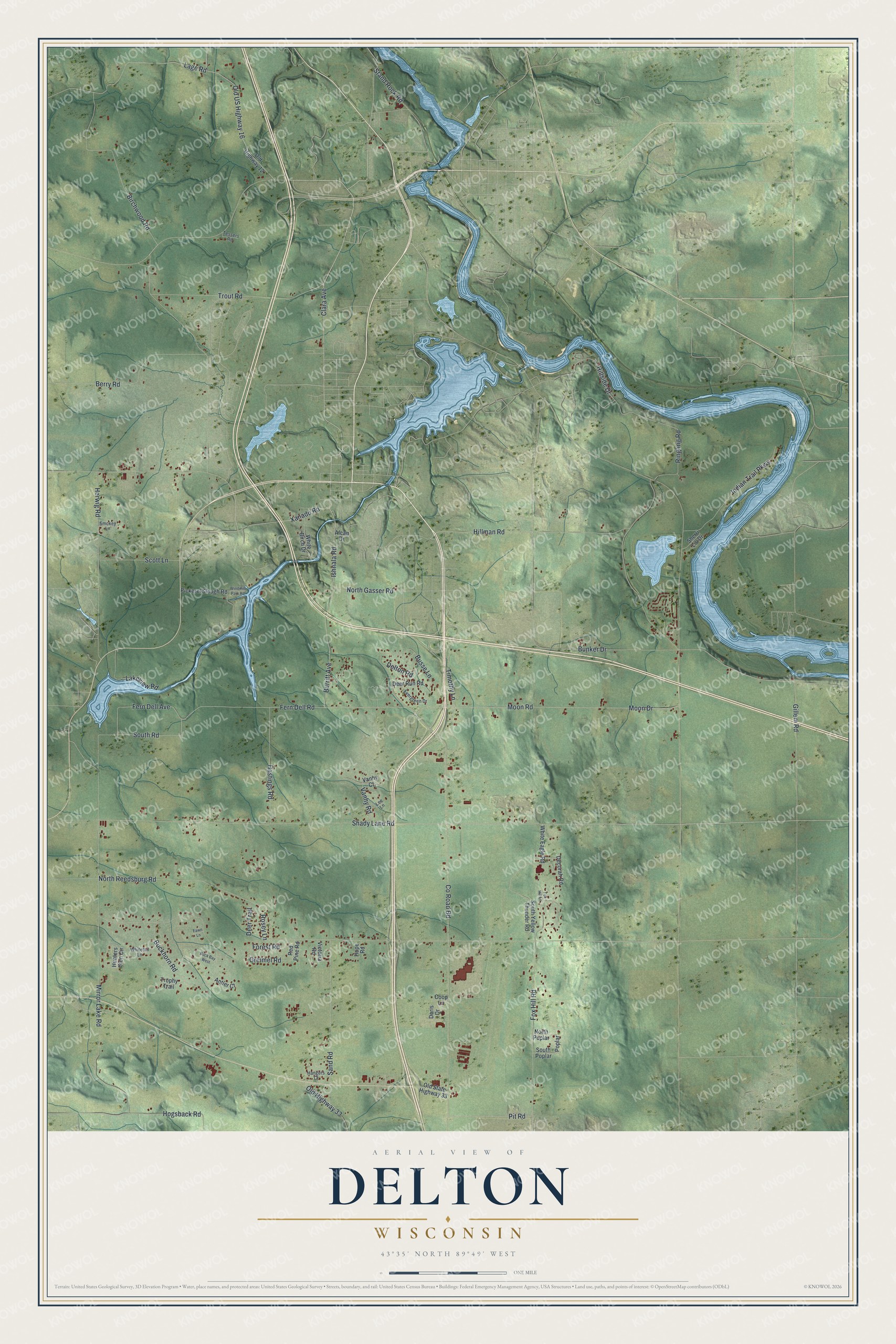 Full map of Delton, Wisconsin, with red buildings, printed street names and the land around them