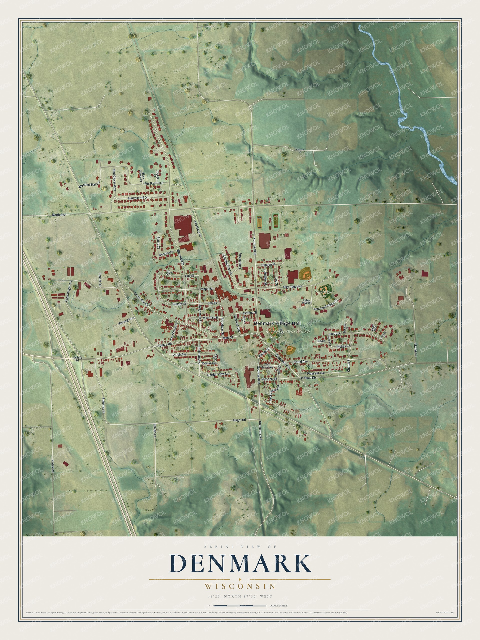 Full map of Denmark, Wisconsin, with red buildings, printed street names and the land around them