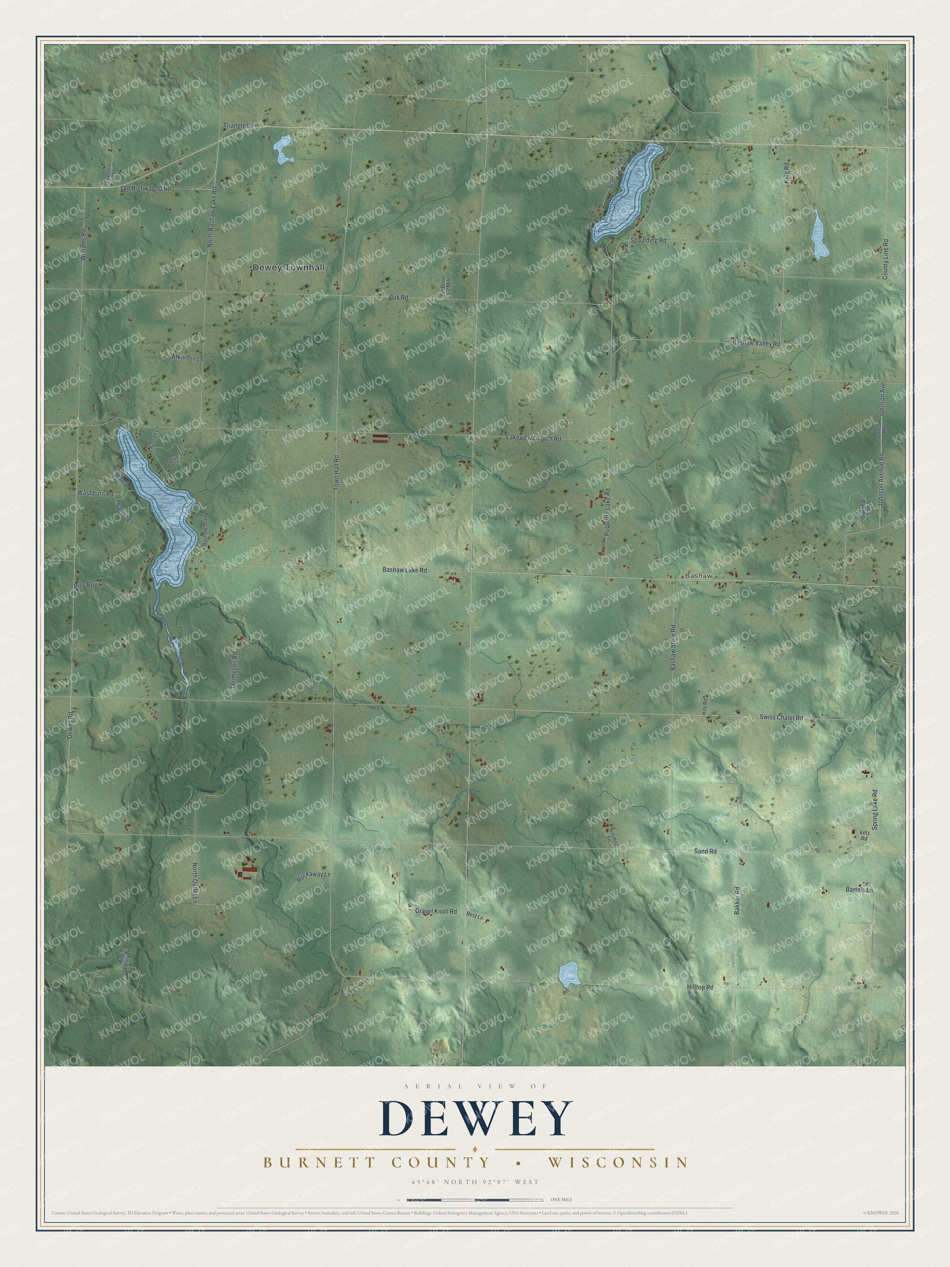Full map of Dewey, Wisconsin, with red buildings, printed street names and the land around them