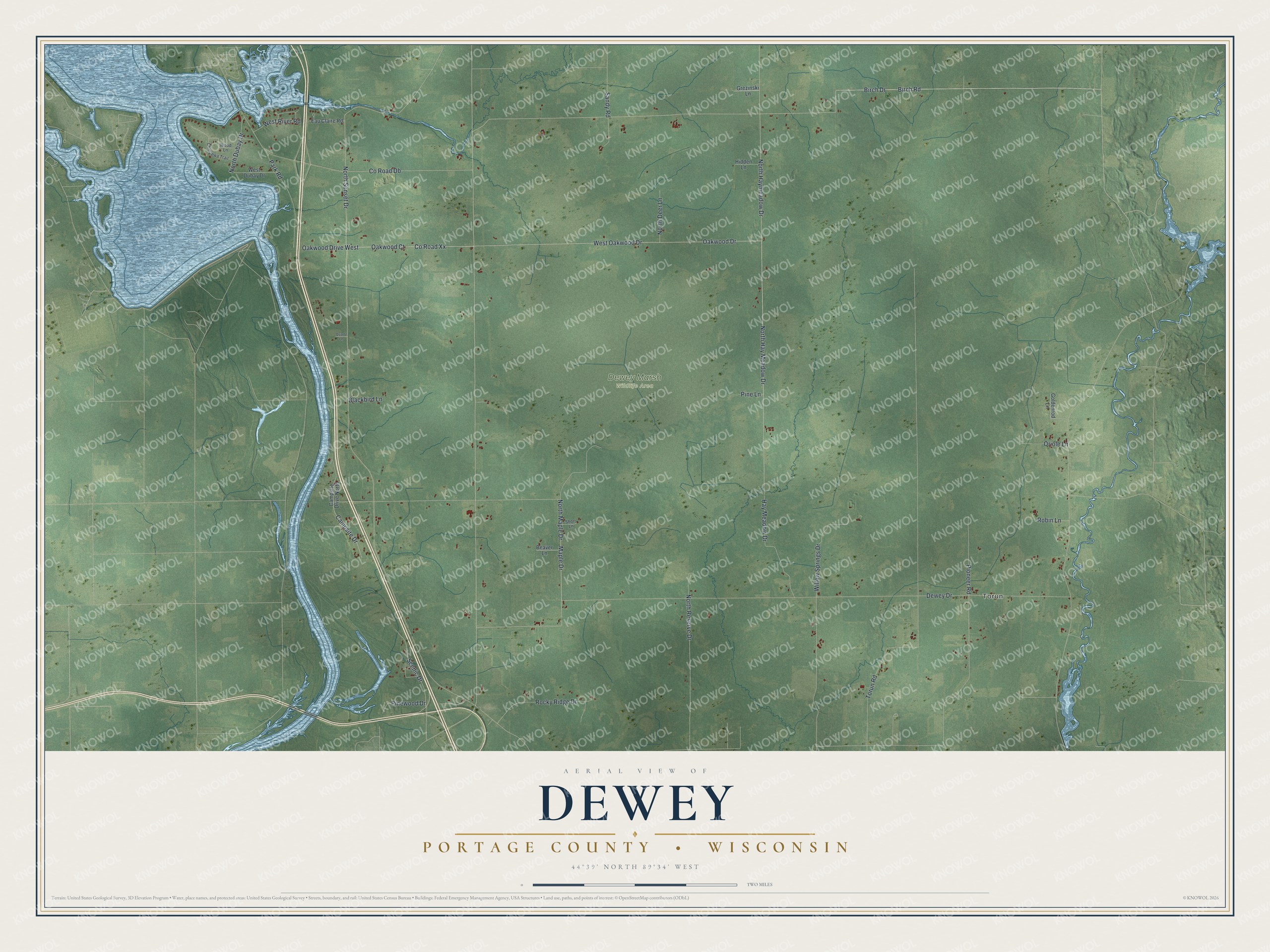 Full map of Dewey, Wisconsin, with red buildings, printed street names and the land around them