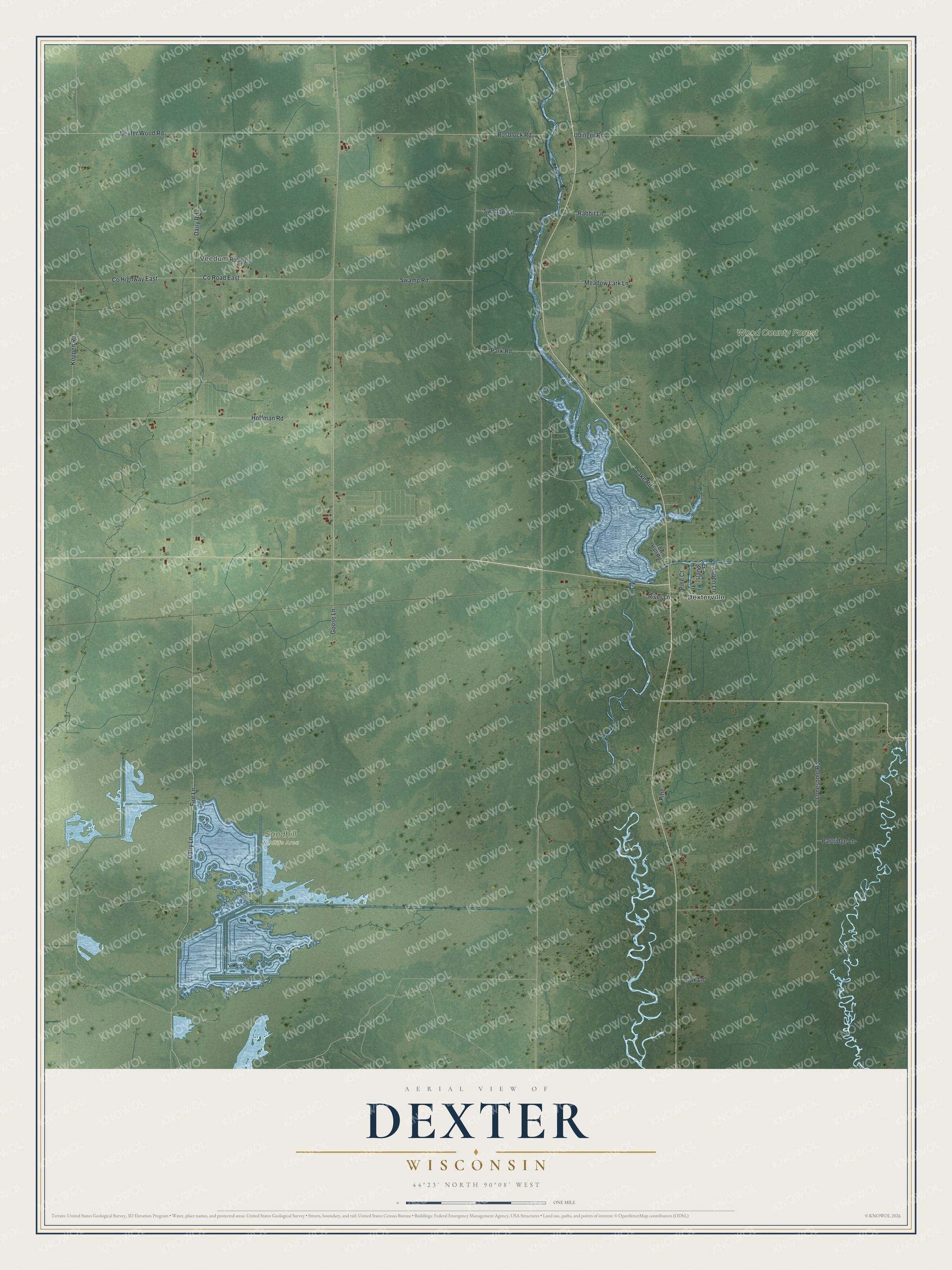 Full map of Dexter, Wisconsin, with red buildings, printed street names and the land around them