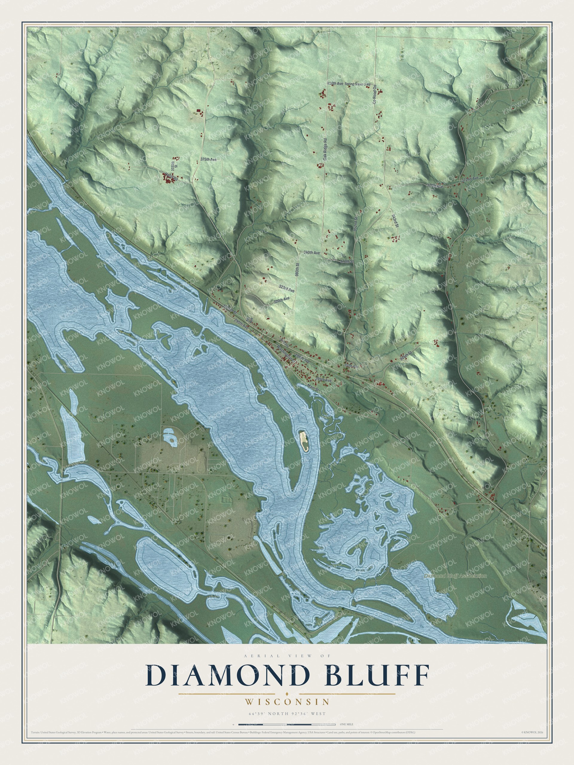 Full map of Diamond Bluff, Wisconsin, with red buildings, printed street names and the land around them