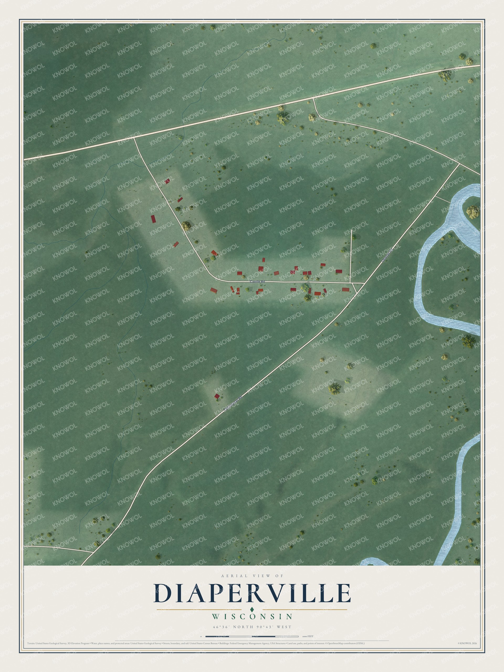 Full map of Diaperville, Wisconsin, with red buildings, printed street names and the land around them