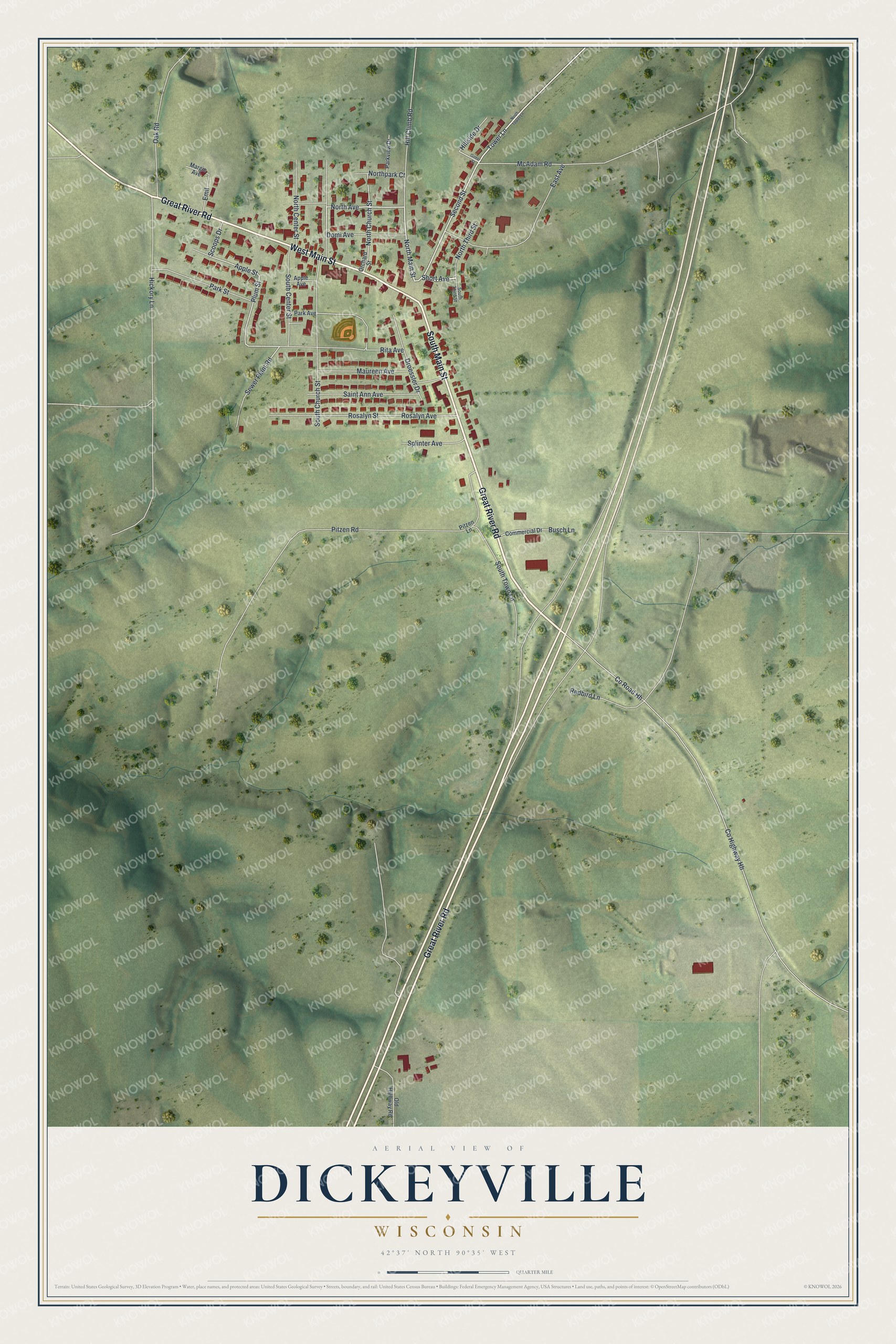 Full map of Dickeyville, Wisconsin, with red buildings, printed street names and the land around them