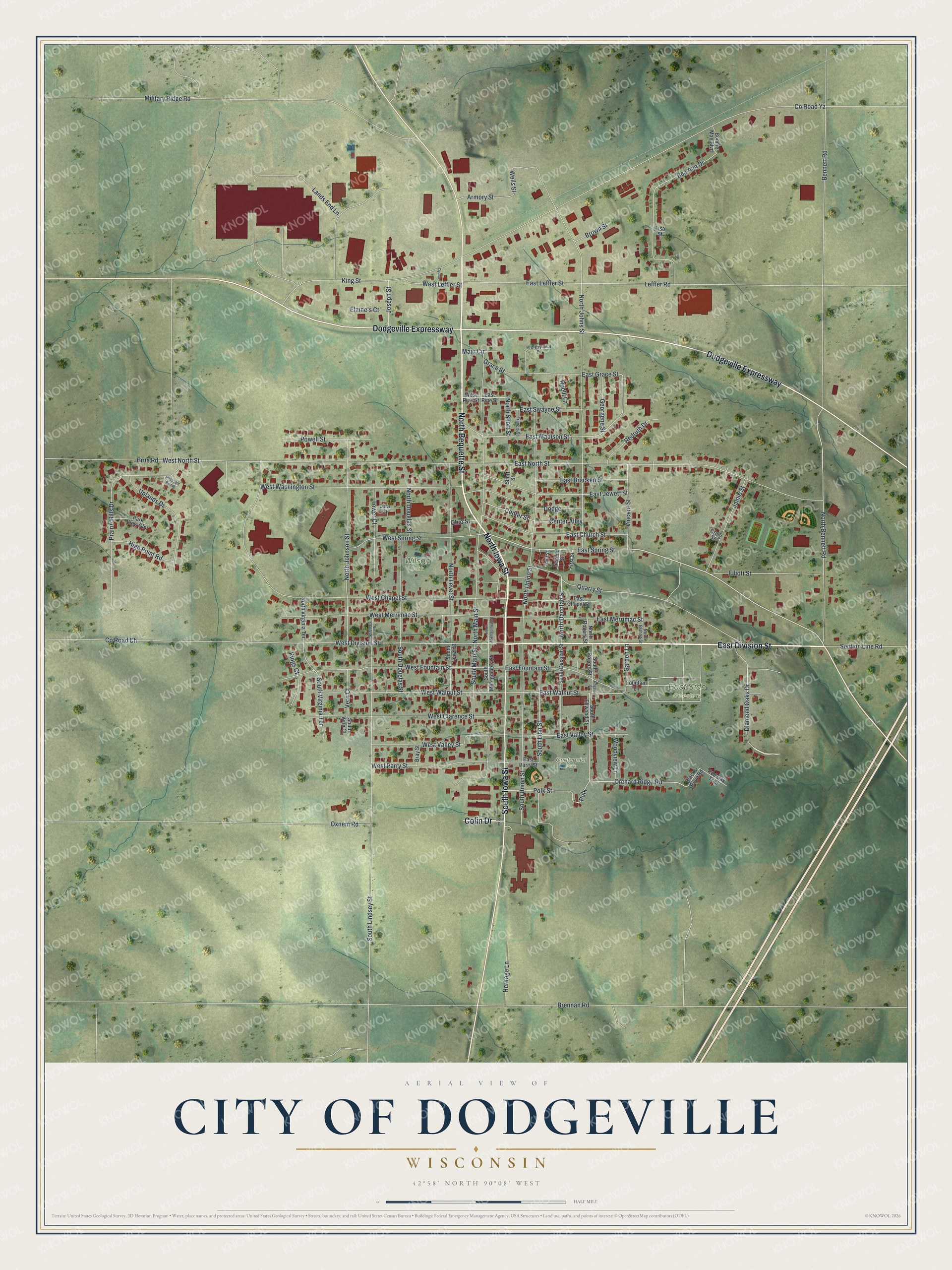 Full map of Dodgeville, Wisconsin, with red buildings, printed street names and the land around them