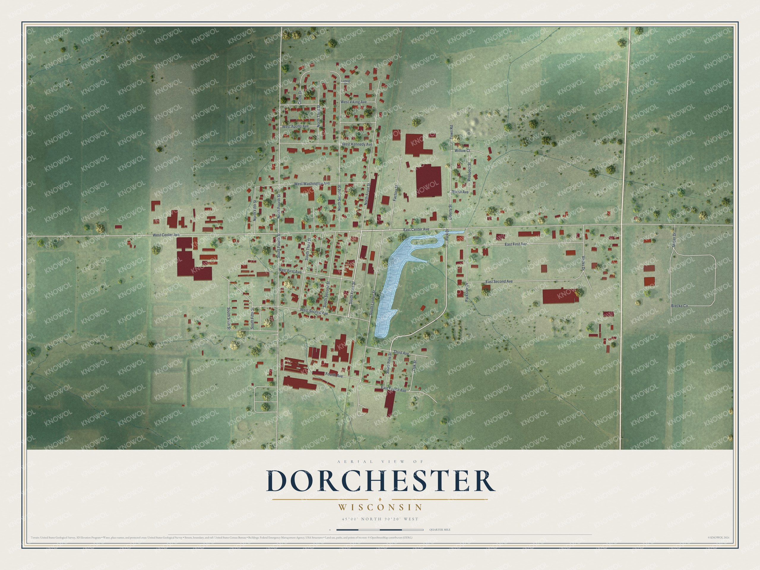 Full map of Dorchester, Wisconsin, with red buildings, printed street names and the land around them