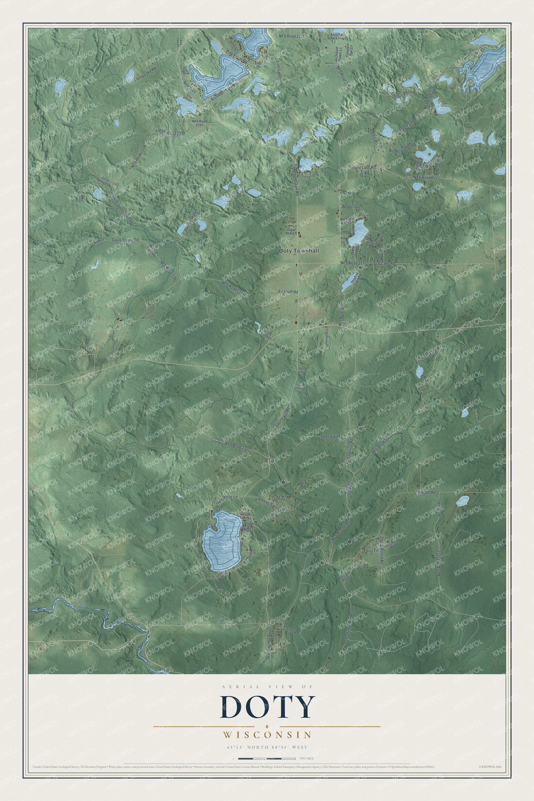 Full map of Doty, Wisconsin, with red buildings, printed street names and the land around them