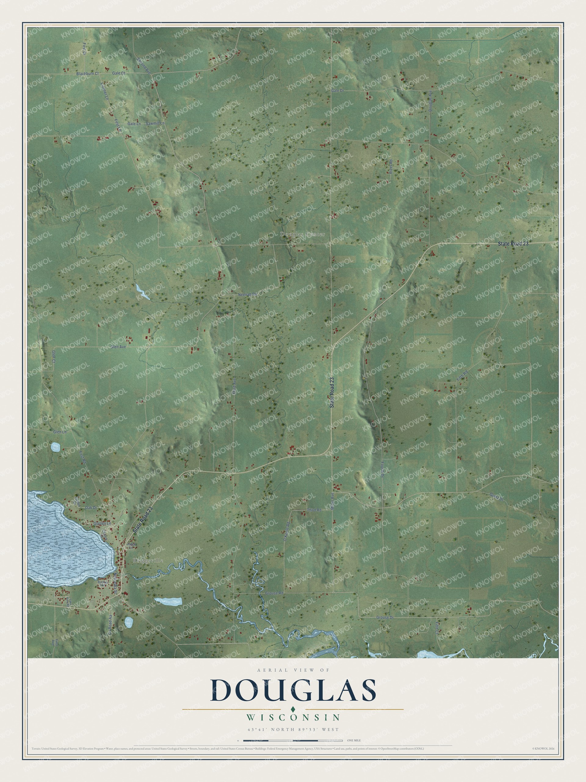 Full map of Douglas, Wisconsin, with red buildings, printed street names and the land around them