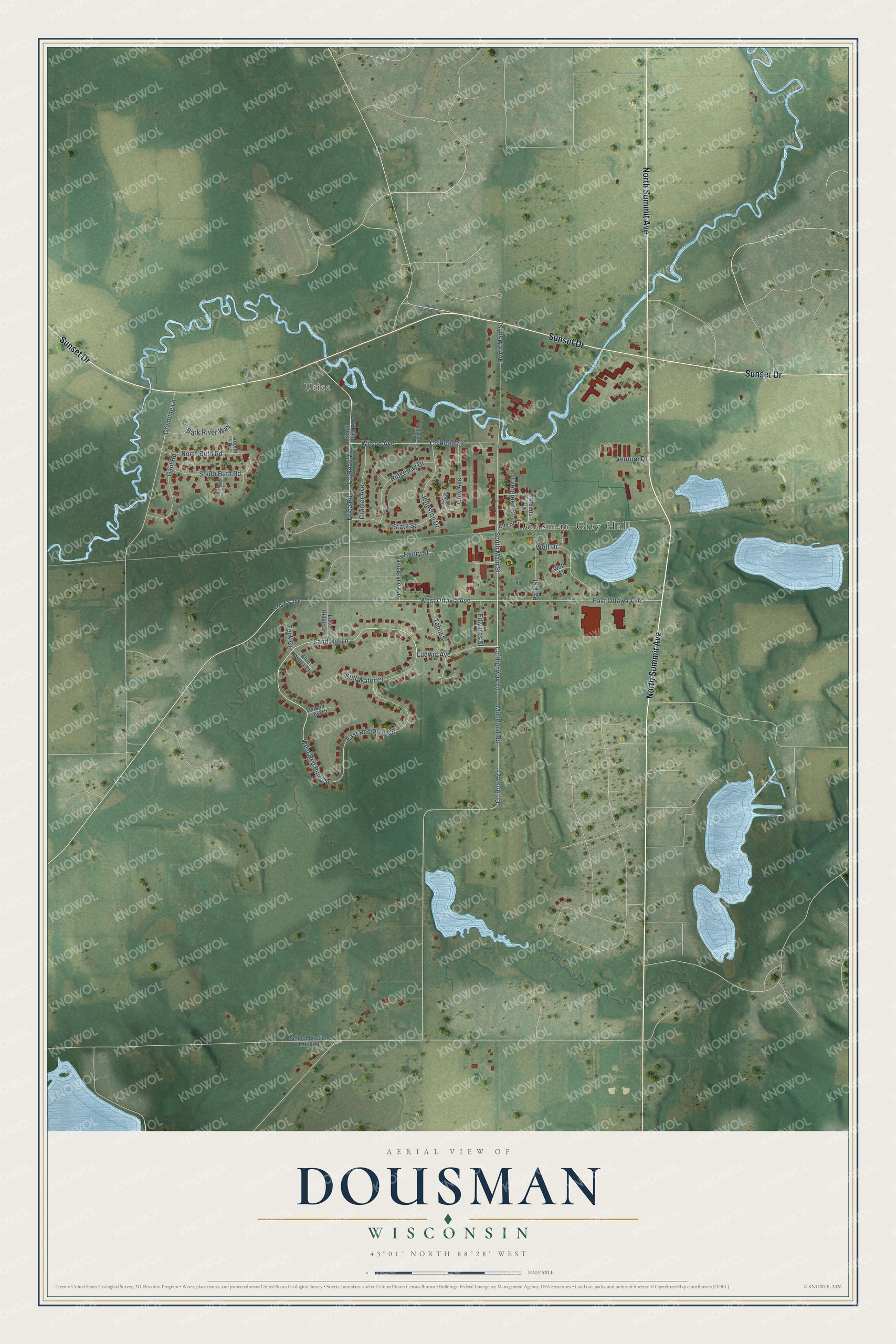 Full map of Dousman, Wisconsin, with red buildings, printed street names and the land around them