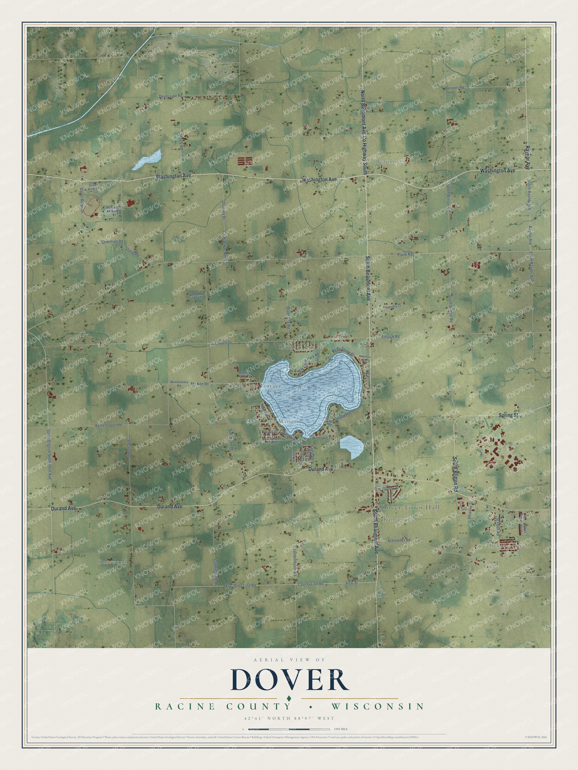 Full map of Dover, Wisconsin, with red buildings, printed street names and the land around them