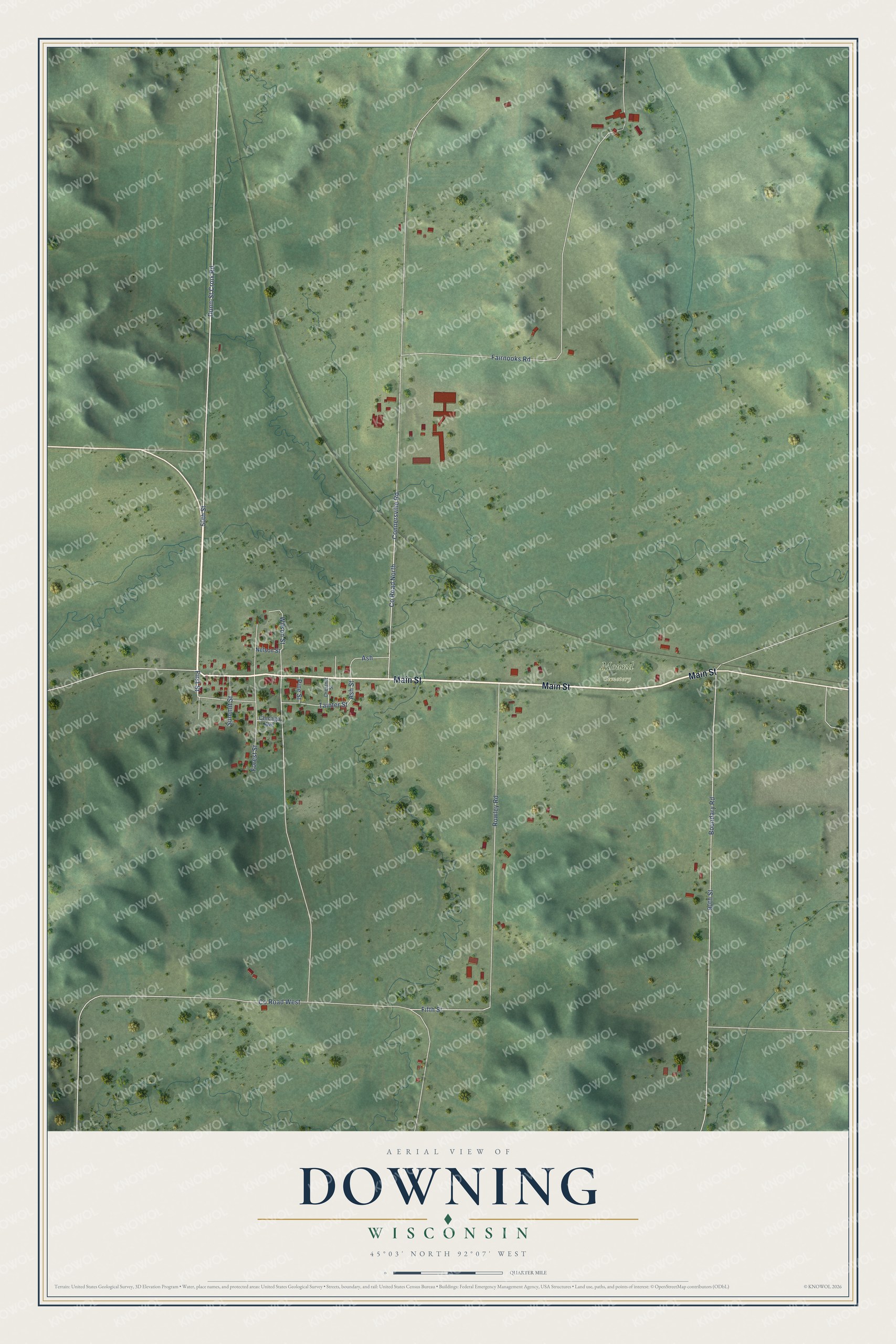 Full map of Downing, Wisconsin, with red buildings, printed street names and the land around them